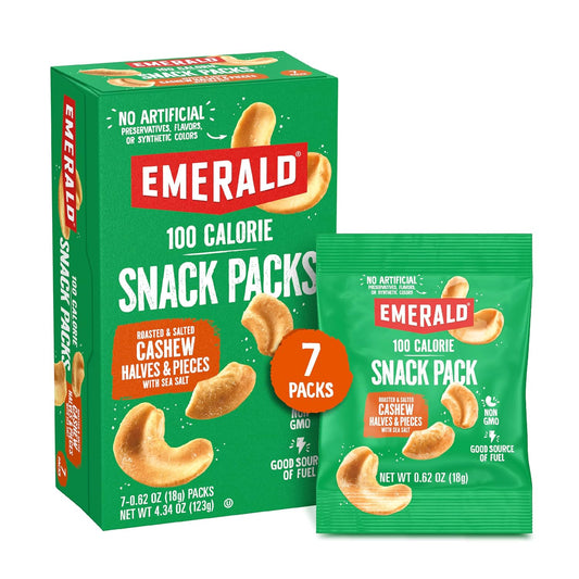 Emerald Nuts Roasted and Salted Cashews 7ct, 100-Calorie Individually Wrapped, Kosher Certified, Non-GMO, Plant-Based, No Artificial Additives