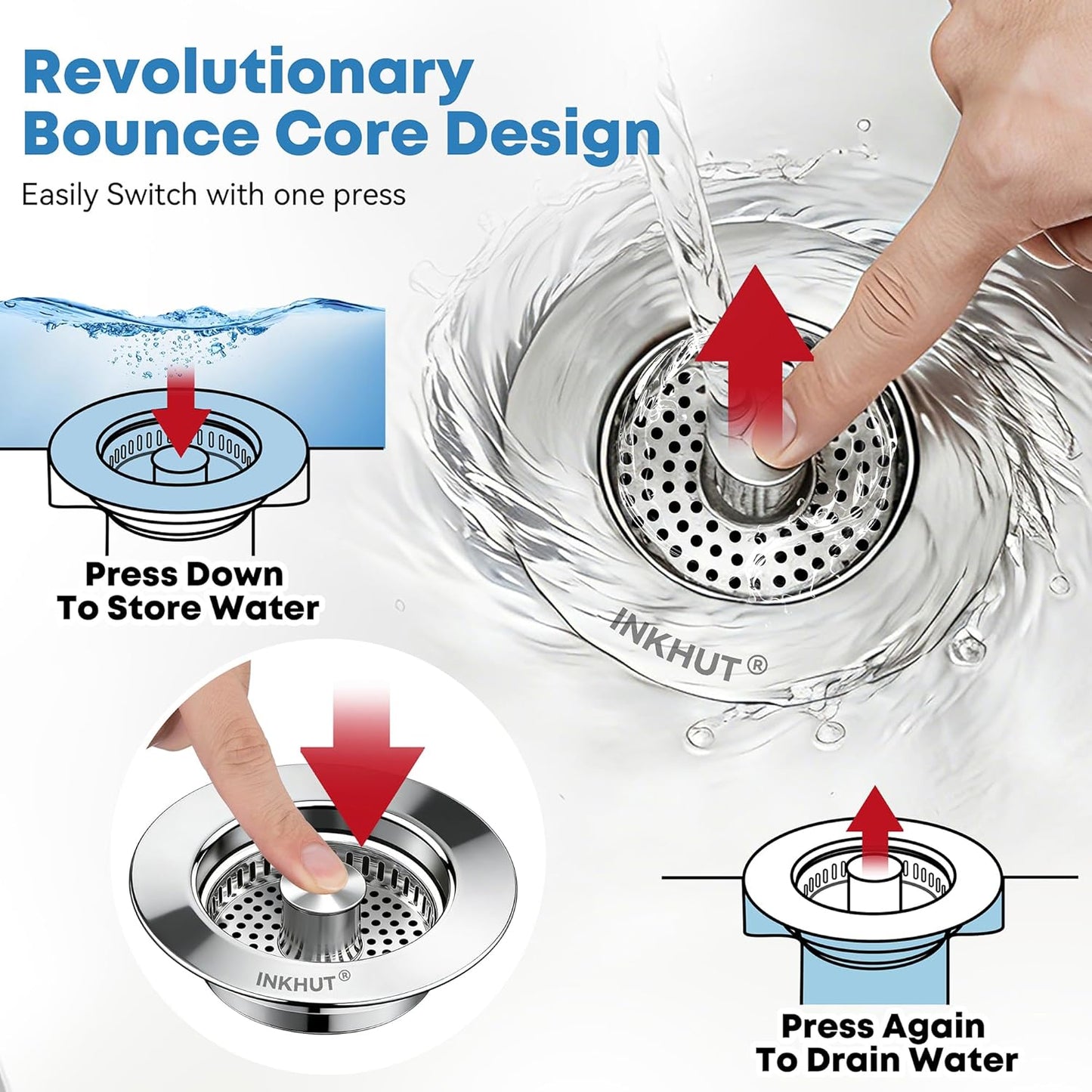 Upgraded 3 in 1 Kitchen Sink Drain Strainer - Stainless Steel Sink Stopper, Anti-Clogging Sink Food Catcher Basket, Fast Drainage Odor Filter Sink Plug for US Standard 3 1/2 inch Drain (Silver-1Pack)