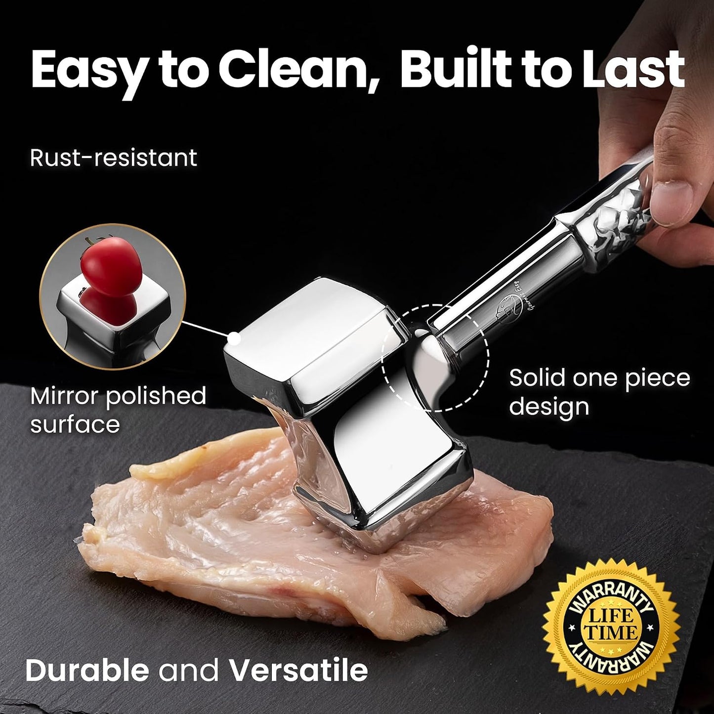 Gourmet Easy Classic Meat Tenderizer Tool, Non-Slip Grip Lifetime Replace | Dual-Sided Heavy-Duty Design for Effortless Tenderizing of Steak,Chicken and Poultry , Dishwasher Safe, Lifetime Replacement