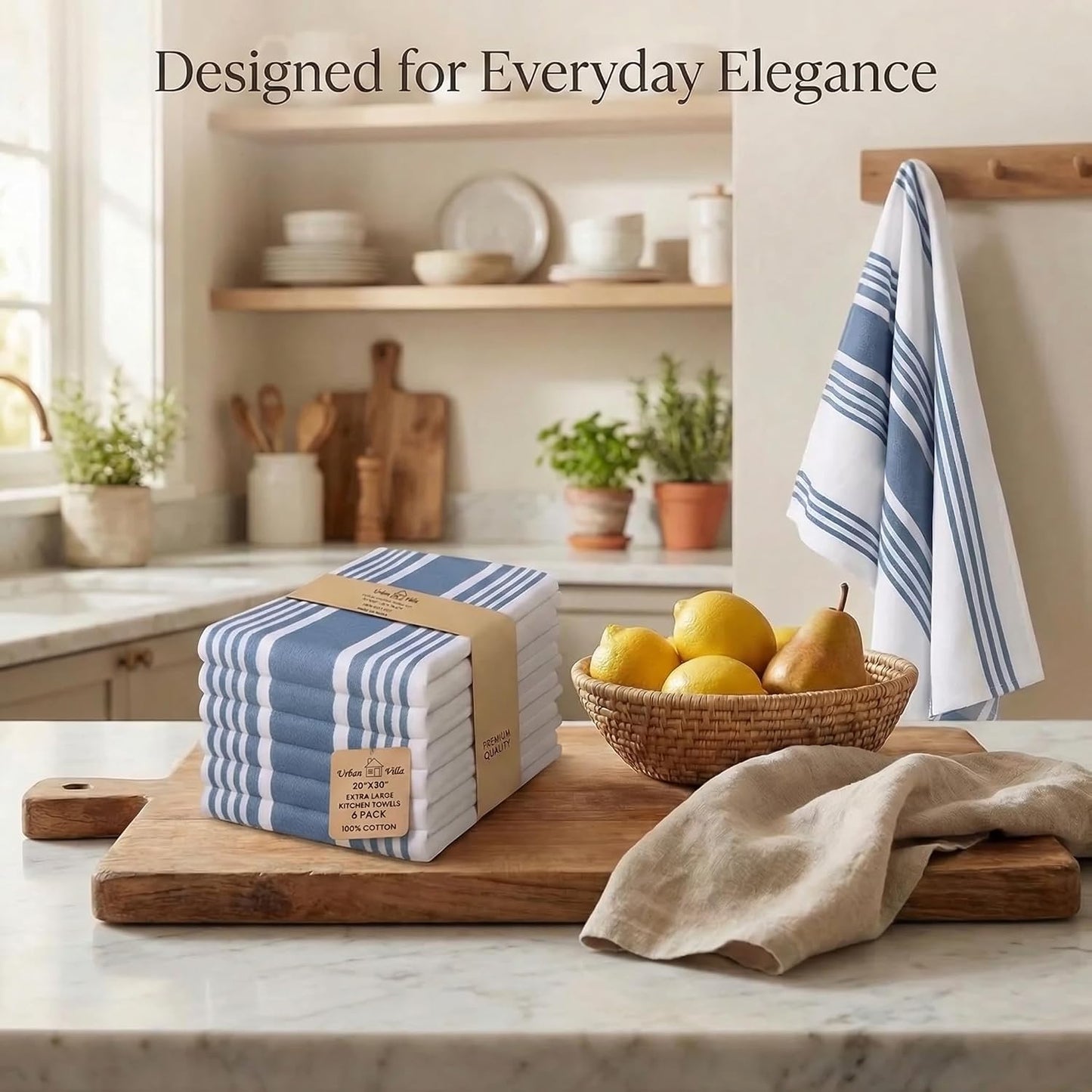 Urban Villa Kitchen Towels 100% Cotton Dish Towels for Kitchen (Set of 6) 20”x30” Dish Cloths Highly Absorbent Kitchen Linen Set with Hanging Loop Perfect for Drying Dishes Cleaning Towels-Blue White