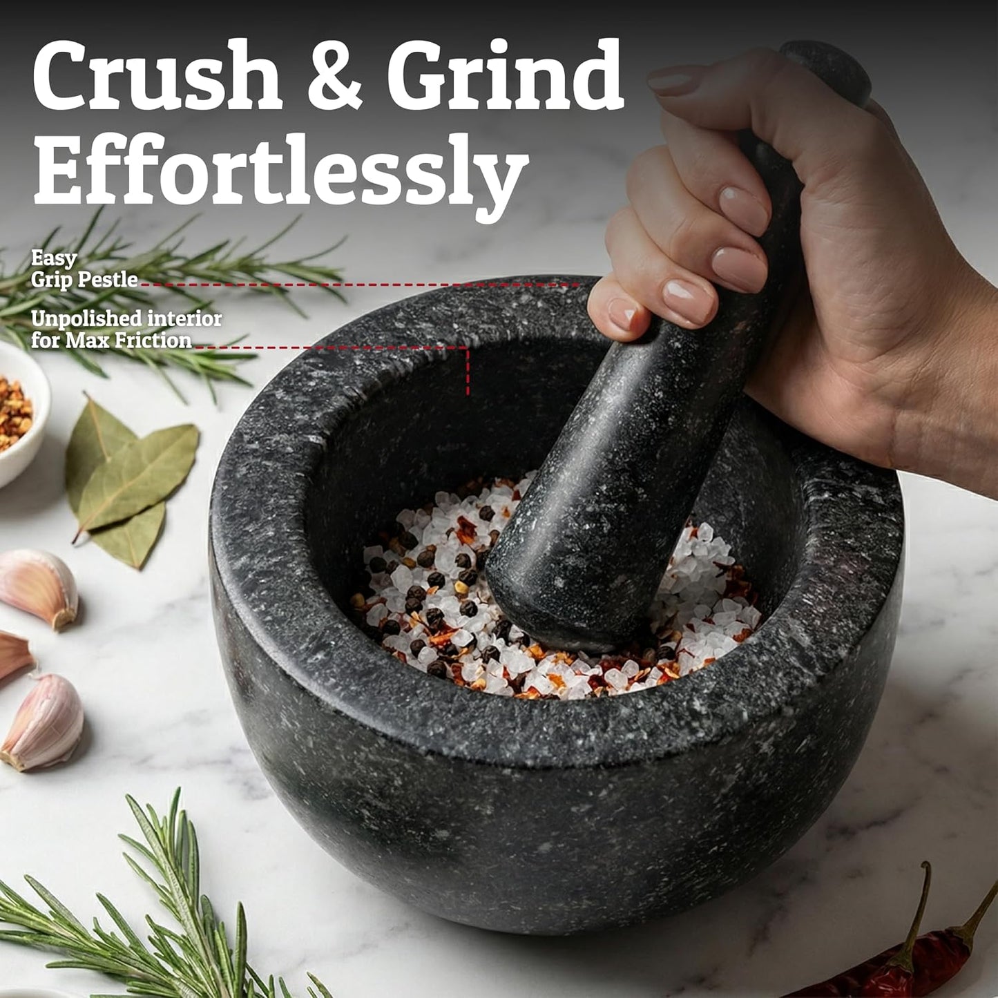 Priority Chef Heavy Duty Large 1.5 Cup Mortar and Pestle Set, 100% Natural Granite, 5.5 Inch Diameter Bowl, 6.2 Inch Pestle, Non-Slip Base, Stone Grinder for Guacamole Salsa Pesto Herbs Spices, Black