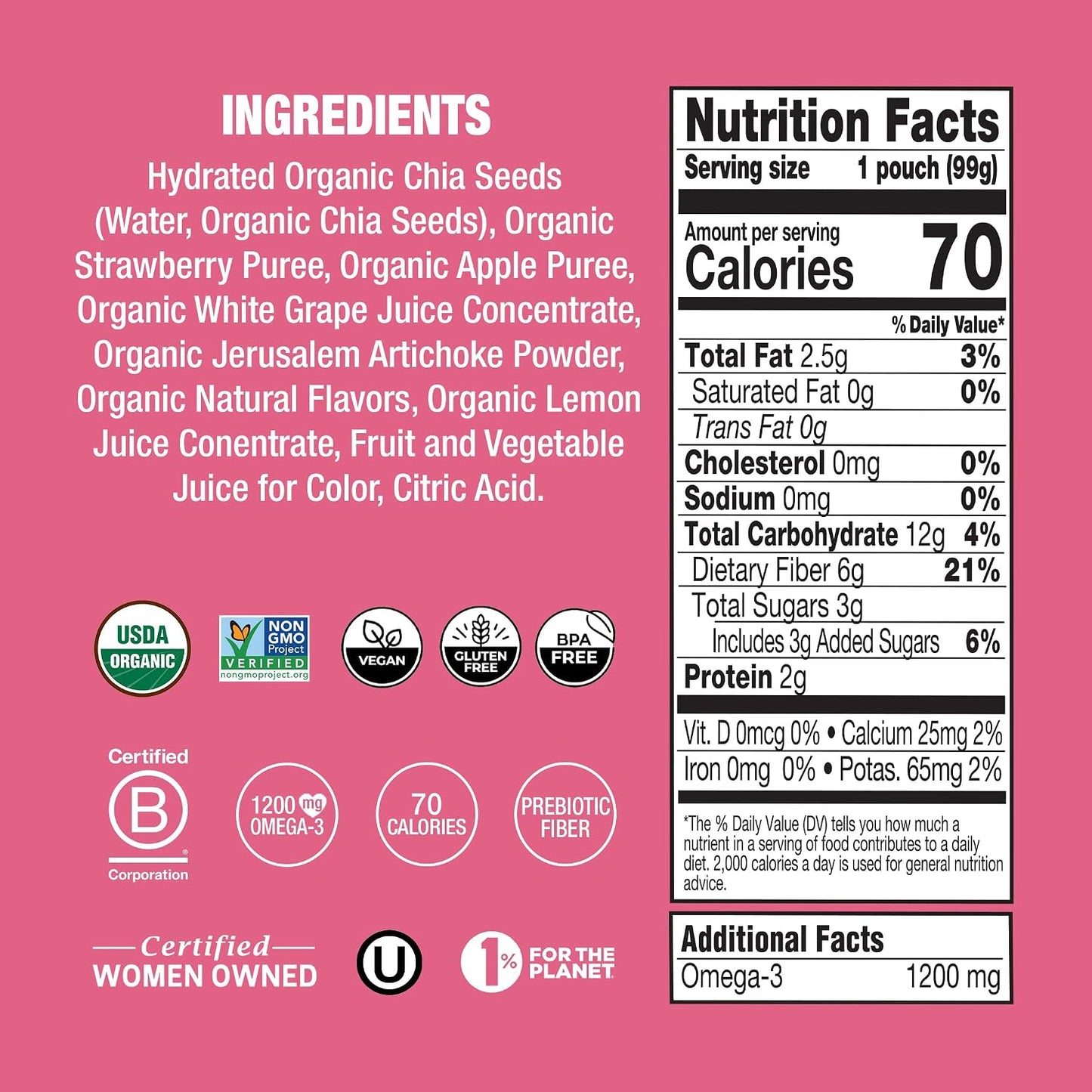 Mamma Chia Organic Prebiotic Squeeze Snack, Strawberry Lemonade, 16- 3.5 Ounce , Fiber-Rich Prebiotic Gut Support, USDA Organic, Non-GMO, Vegan, Gluten Free (Pack of 16)