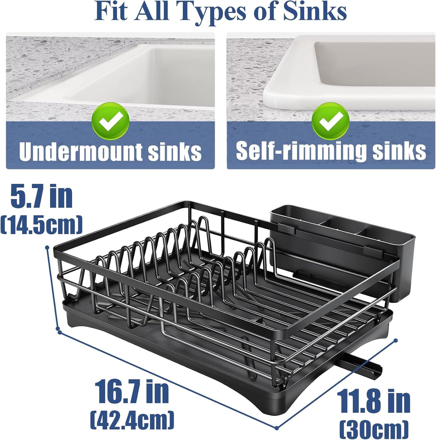 SNTD Dish Drying Rack for Kitchen Counter, 11.8" W x 16.7" L, Black | Rustproof Stainless Steel, Large Capacity, Angled Drainboard for Quick Drainage, Rotating Spout, Removable Utensil Holder