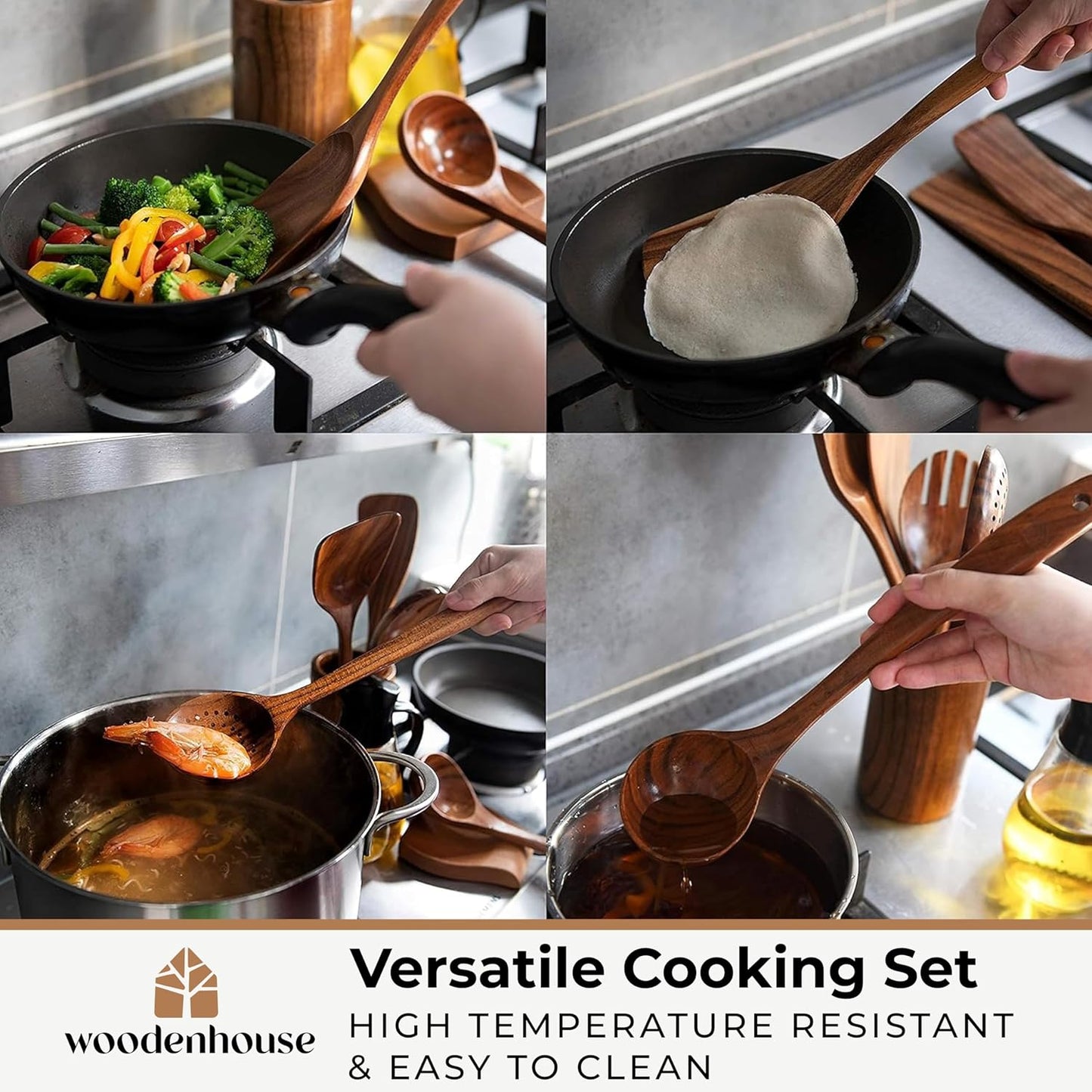 Wooden Spoons for Cooking, 12 Pcs Teak Utensil Set with Holder & Hooks | Includes Spoon Rest for Storage – Heat Resistant, Durable & Nonstick Safe Kitchen Cookware