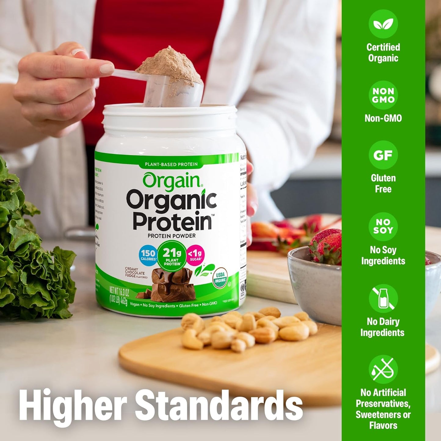 Orgain Organic Vegan Protein Powder, Creamy Chocolate Fudge - 21g Plant Protein, 7g Prebiotic Fiber, Low Net Carb, No Lactose Ingredients, No Added Sugar, Non-GMO, For Shakes & Smoothies, 1.02 lb