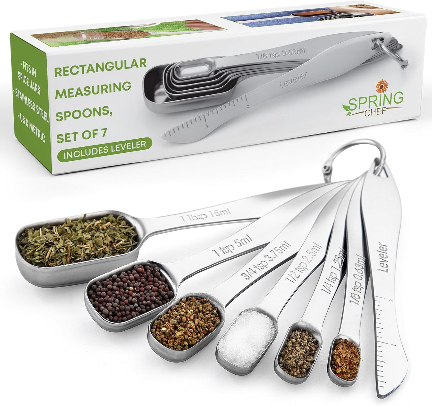 Spring Chef Nesting Stainless Steel Measuring Spoons Set of 7 with Leveler | Rectangular Metal Teaspoon & Tablespoon Measuring Spoons for Dry & Liquid Ingredients, Fits in Spice Jars, Long Handle