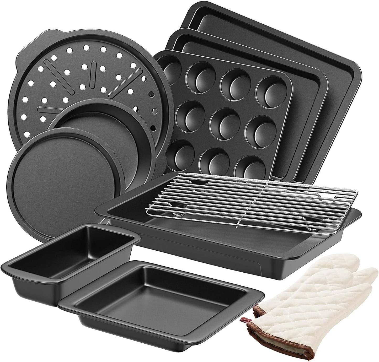 HONGBAKE Bakeware Sets, Baking Pans Set, Nonstick Oven Pan for Kitchen with Wider Grips, 10 Pieces Including Rack, Cookie Sheet, Cake Pans, Loaf Pan, Muffin Pan, Pizza Pan - Grey