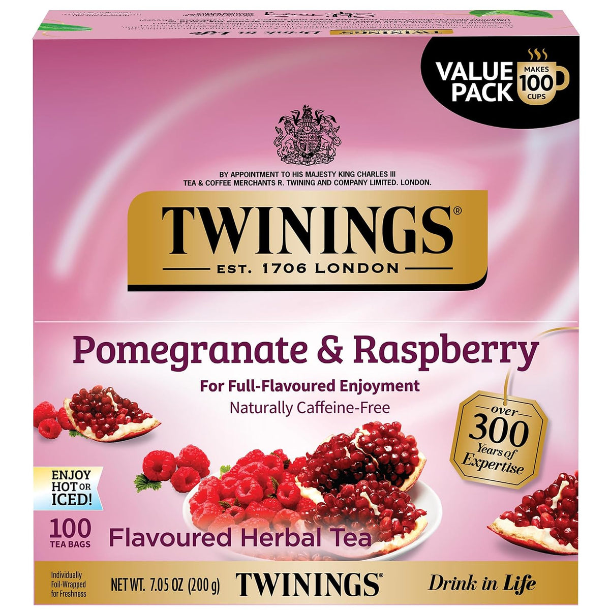 Twinings Pomegranate & Raspberry Herbal Tea Individually Wrapped Bags, 100 Count, Naturally Caffeine-Free