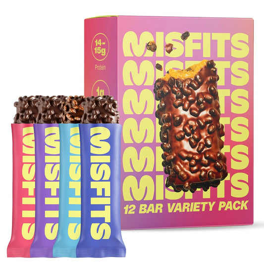 Misfits Protein Bar Variety Pack, 12-count, Multiple Flavors, Plant-based, Low Carb, Non-GMO, Gluten Free