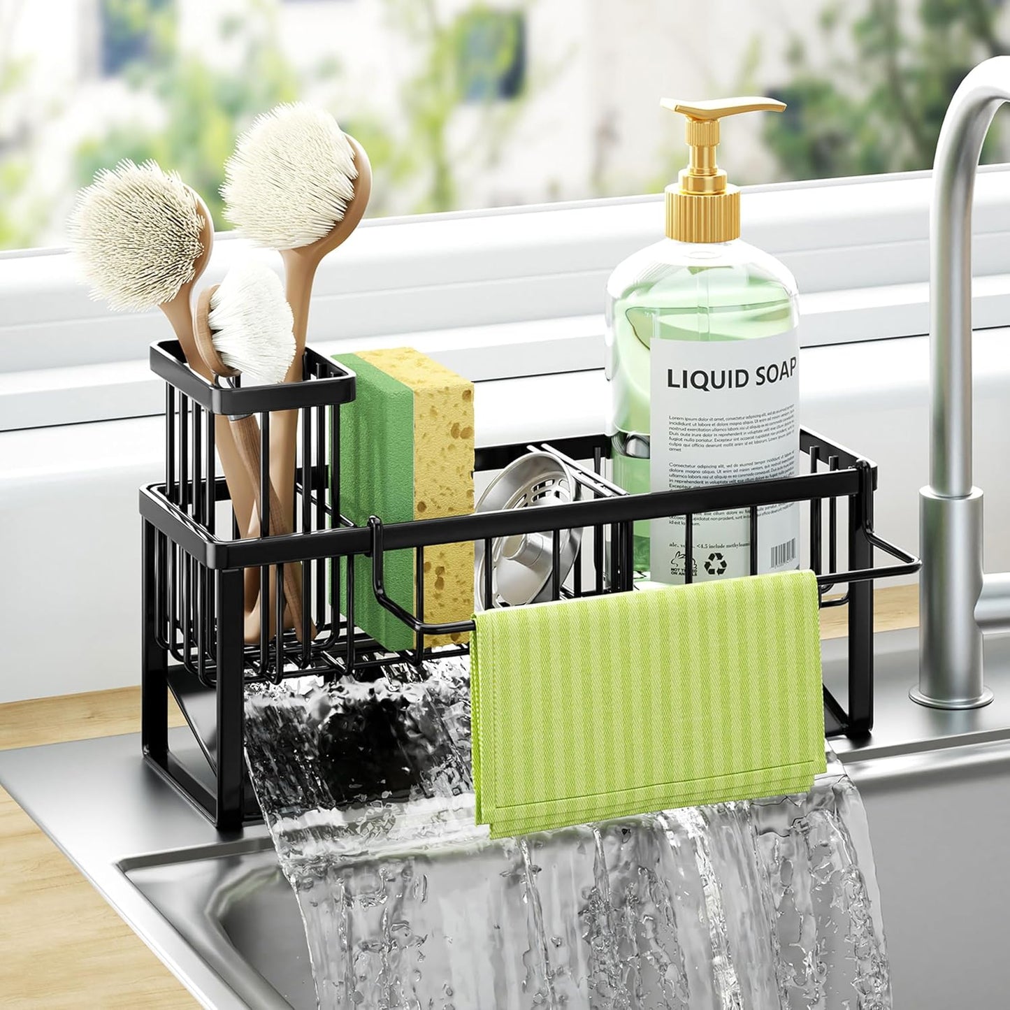 HapiRm Sponge Holder for Kitchen Sink - Self-draining Sink Caddy with Brush and Dishcloth Holders, Stainless Steel Kitchen Countertop Organizers and Storage Essentials - Black