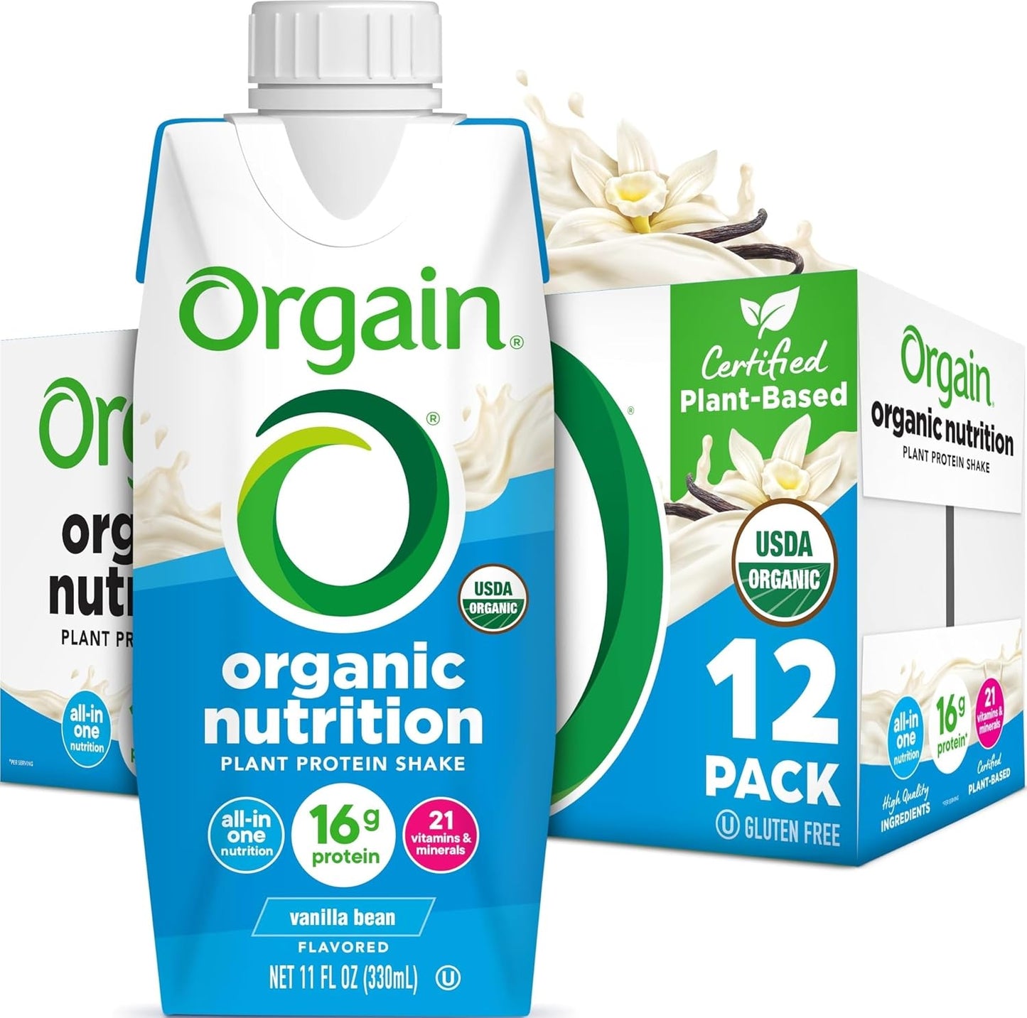 Orgain Organic Nutritional Vegan Protein Shake, Smooth Chocolate - 16g Plant Based Protein, Meal Replacement, 22 Vitamins & Minerals, Fruits & Vegetables, Gluten Free, Non-GMO, 11 Fl Oz (Pack of 12)