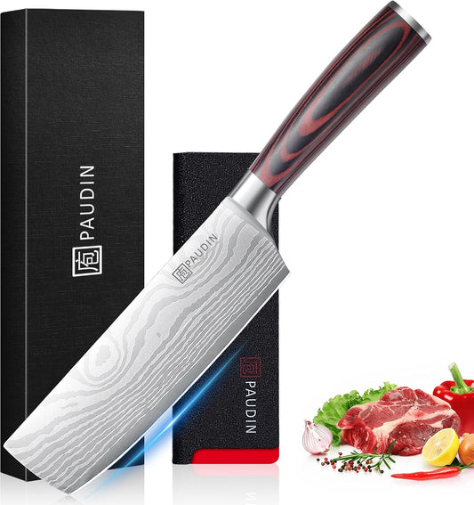 PAUDIN Nakiri Knife - 7" Razor Sharp Meat Cleaver and Vegetable Kitchen Knife, High Carbon Stainless Steel, Multipurpose Asian Chef Knife for Home and Kitchen with Ergonomic Handle
