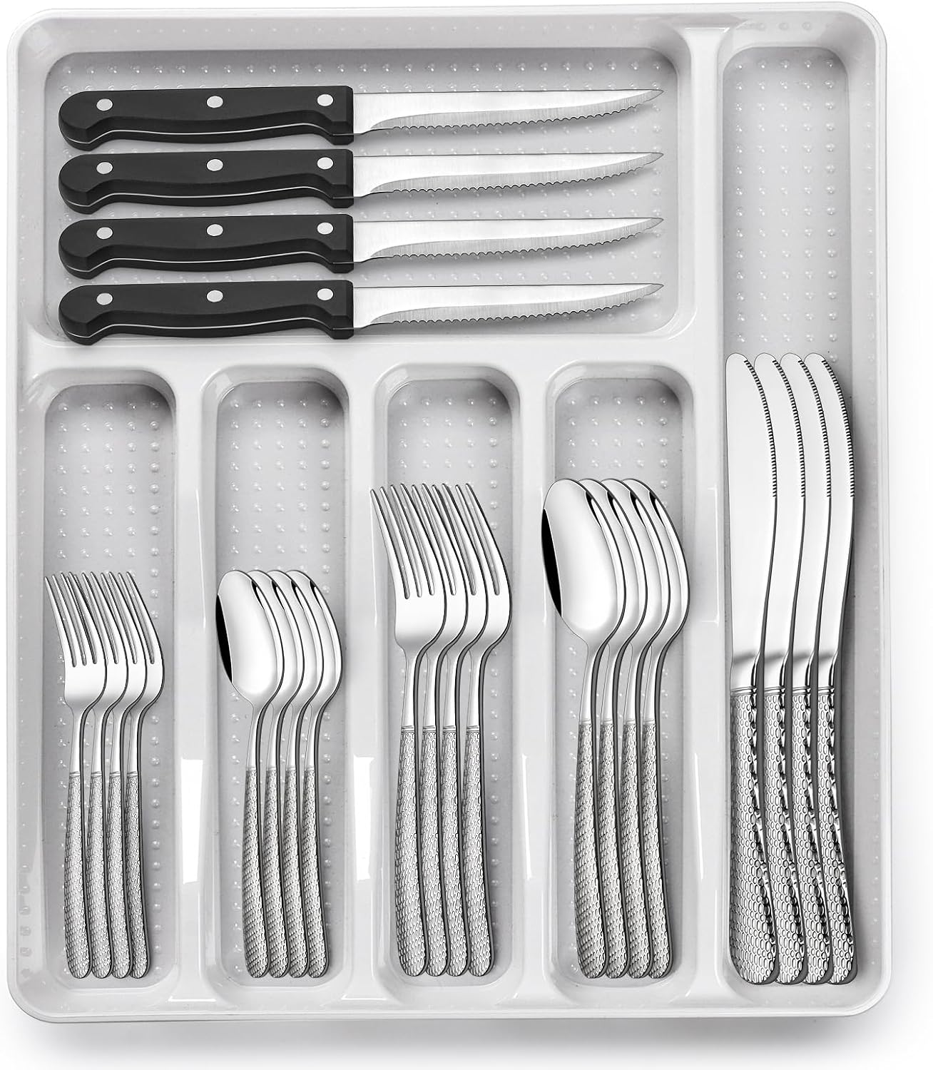 49-Piece Silverware Set with Organizer, Heavy Duty Stainless Steel Flatware Set for 8, Cutlery Utensil Sets with Steak Knives, Rust-proof, Mirror Polished, Dishwasher Safe, Heavy Duty