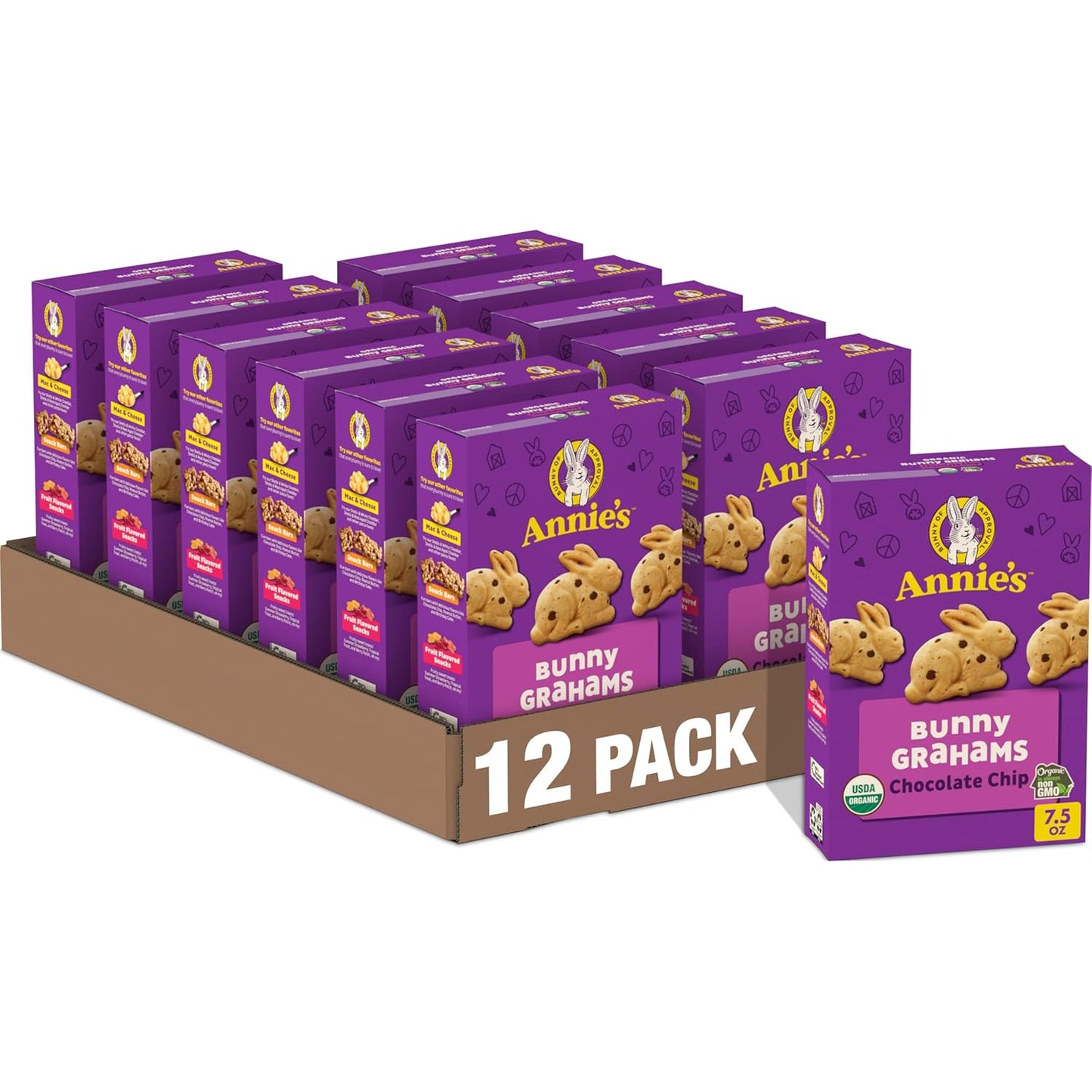 Annie's Organic Friends Bunny Grahams Snacks, Chocolate Chip, Chocolate, and Honey Baked Graham Crackers, 12 Pouches, 12 oz