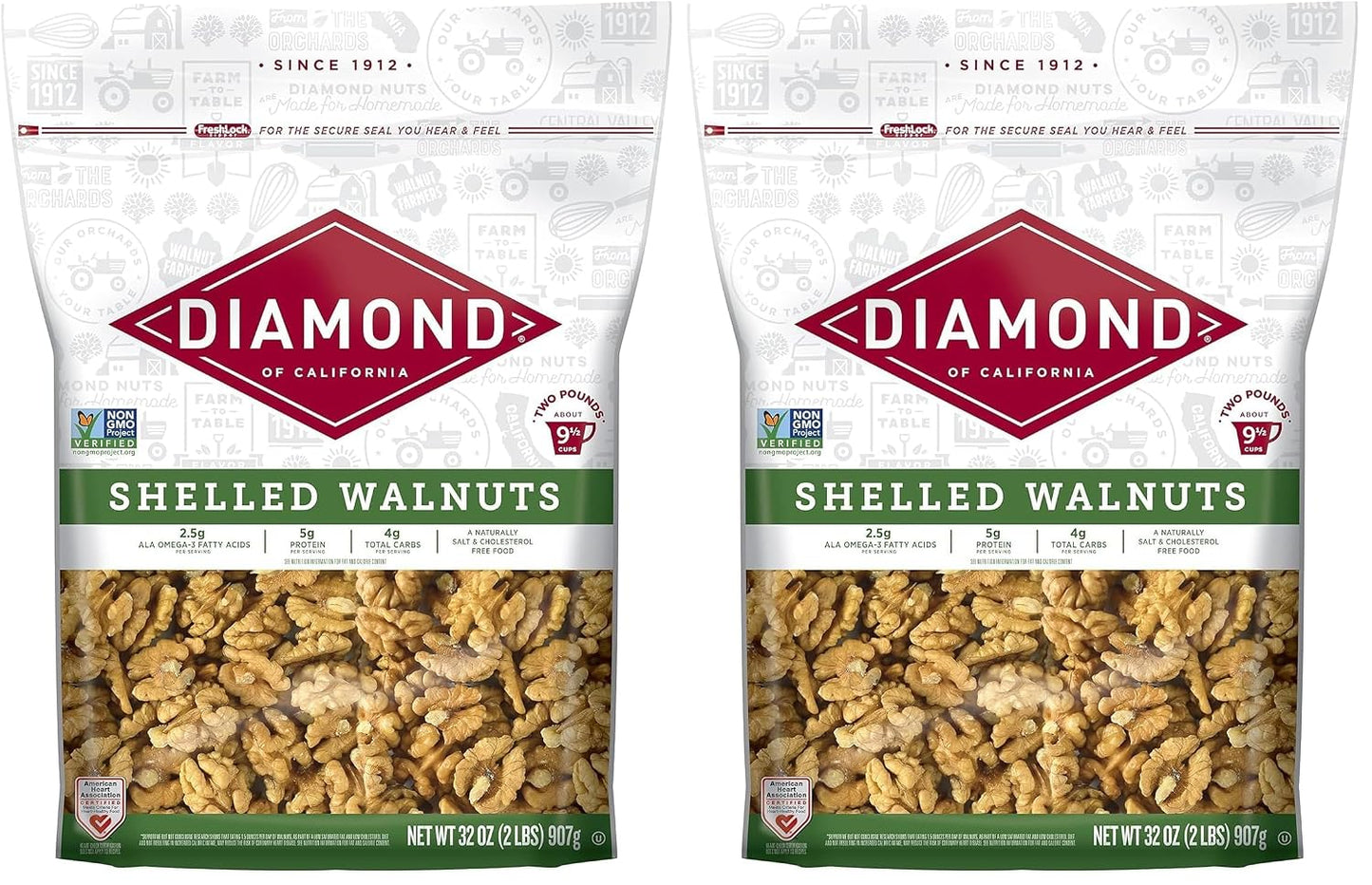 Diamond of California Shelled Walnut Halves and Pieces, 32 oz Raw Walnuts for Baking and Snacking