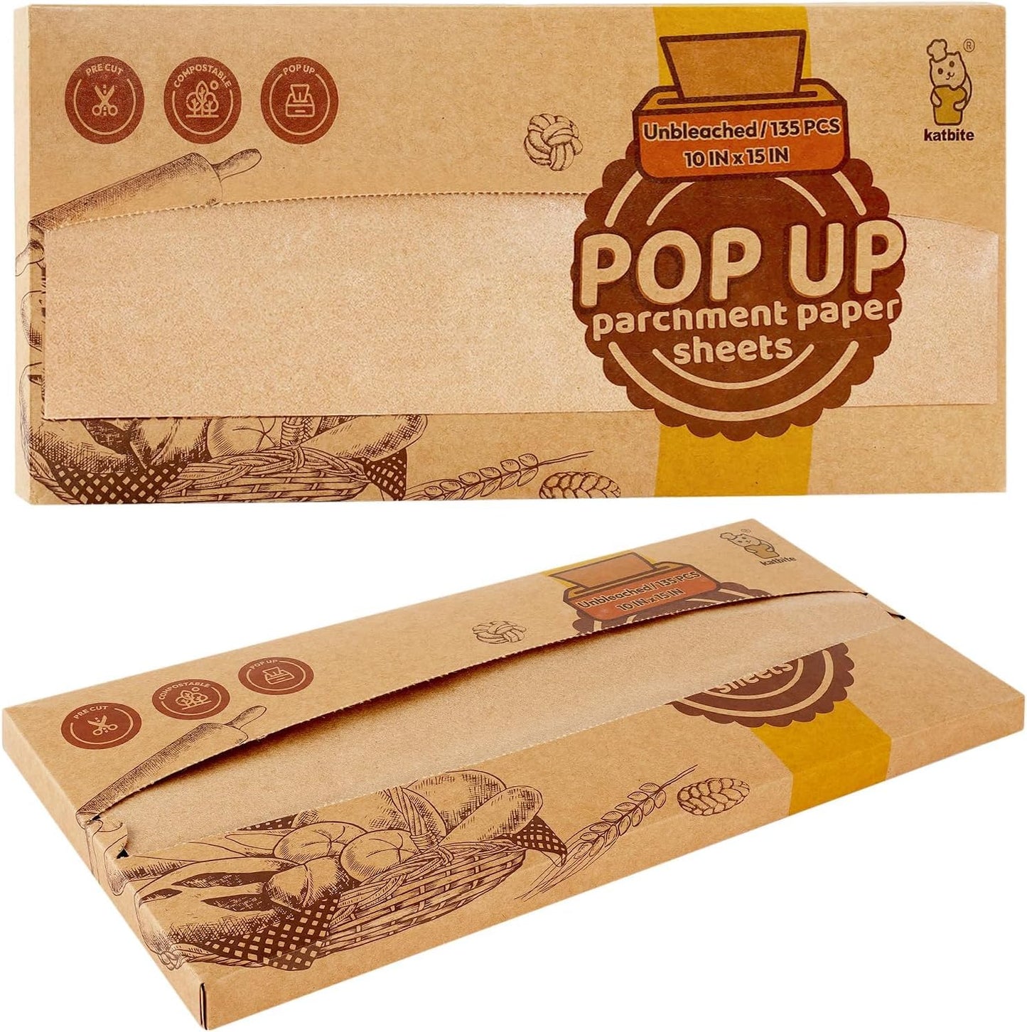 Katbite Parchment Paper Sheets Pop-Up 200 PCS, 12x16 Inches Precut Unbleached Baking Parchment, Extra Strong, Non-stick, Non-toxic, Heavy Duty Flat Baking Paper for Oven, Cooking, Grilling, Air Fryer