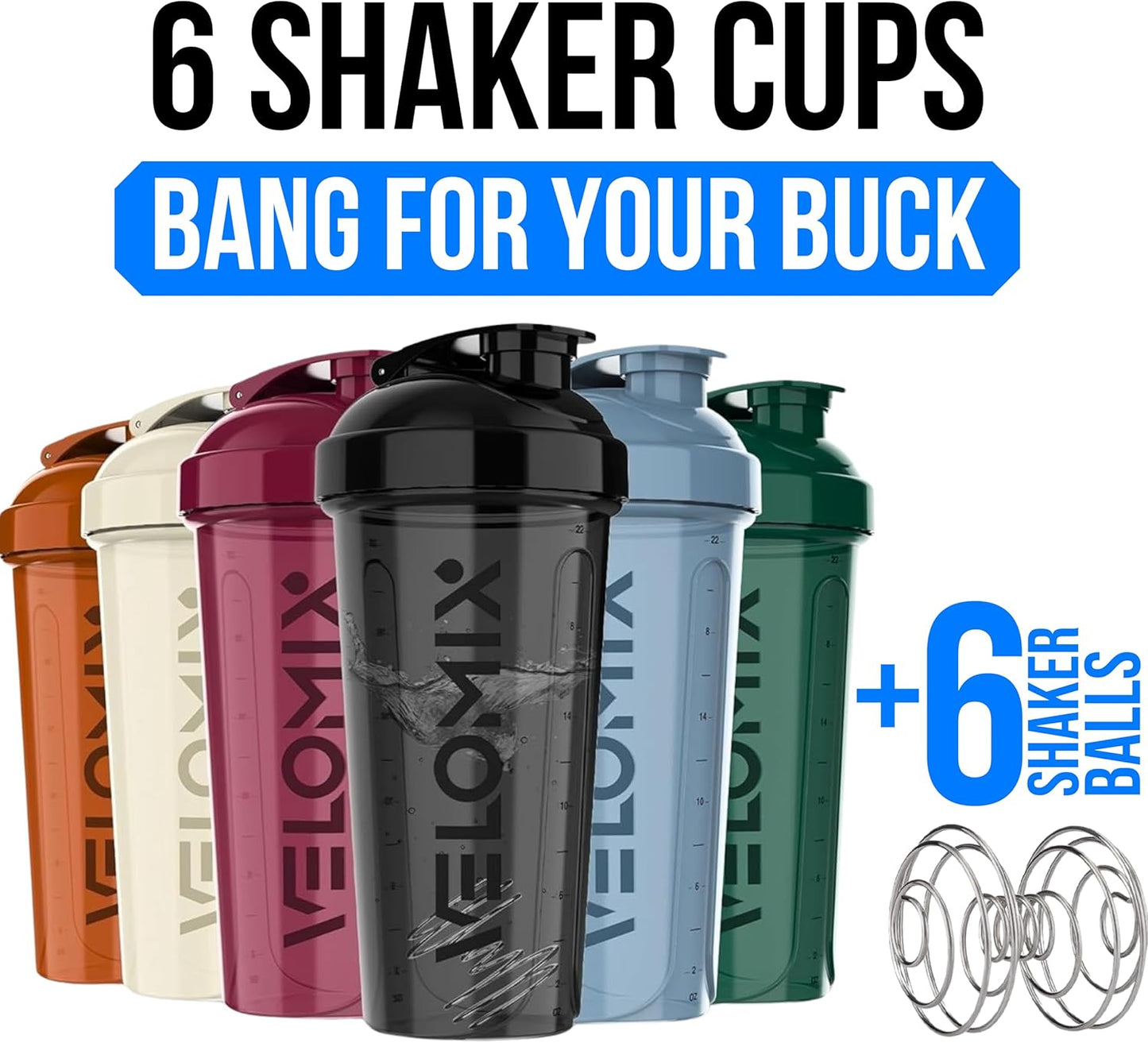VELOMIX 28 oz Protein Shaker Bottle - 6 Pack, Earth Tones