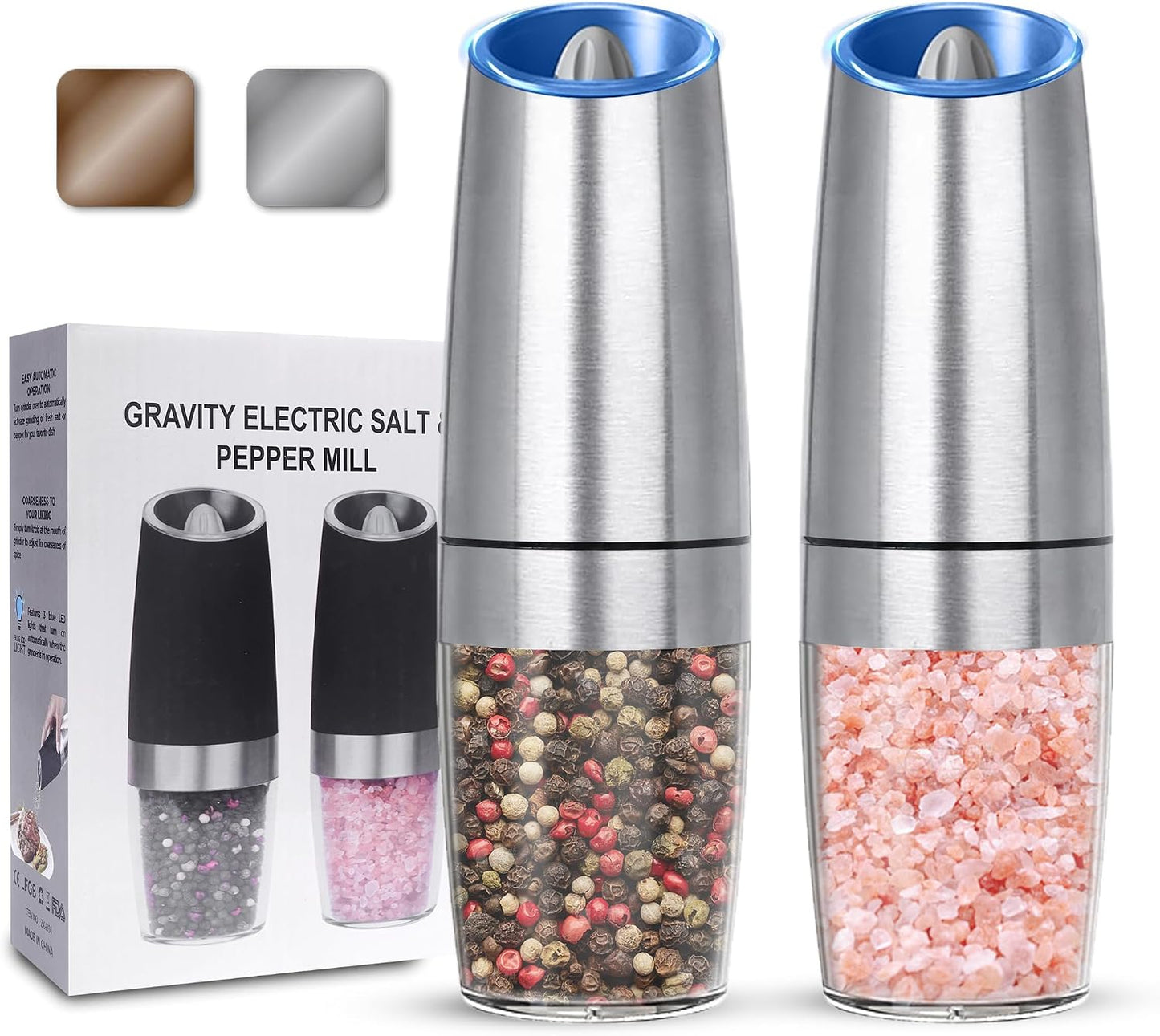 UNNEES Battery Operated Gravity Salt And Pepper Grinder Set, 2 Pcs (Black) | Automatic Salt And Pepper Grinder Set, Adjustable Roughness,12 Batteries Required, Led Light