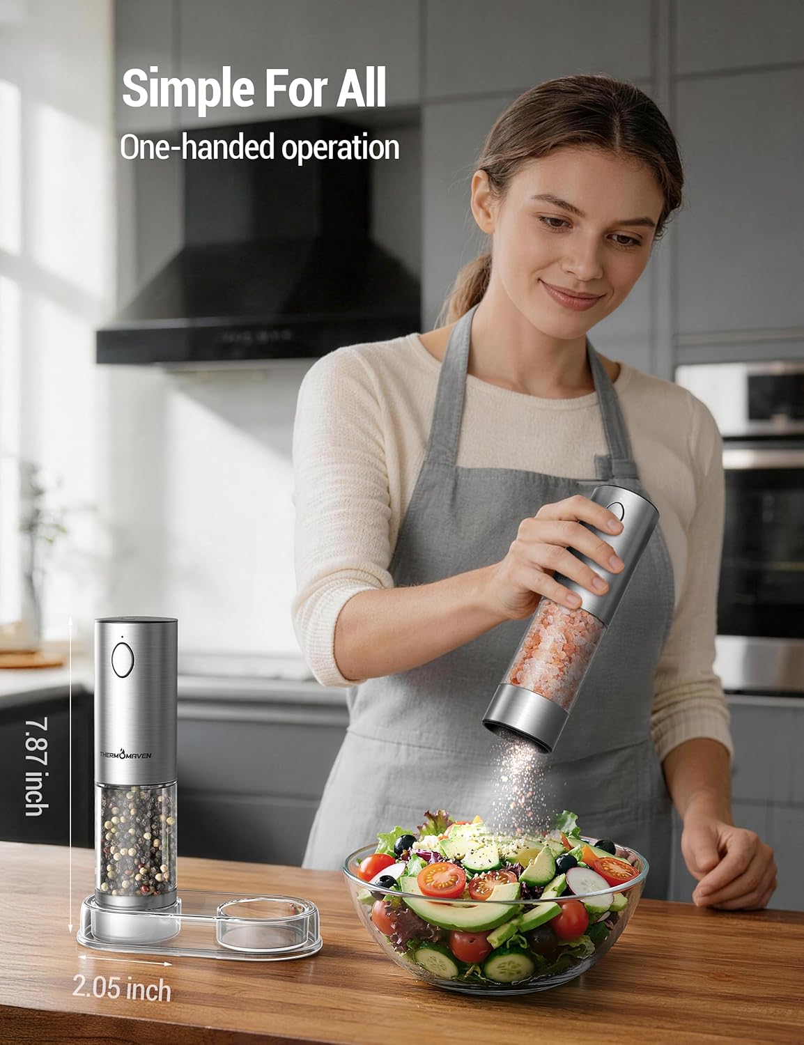 ThermoMaven Upgraded Larger Capacity Electric Salt and Pepper Grinder Set, 110ml Rechargeable Salt and Pepper Shaker with LED Light, Stainless Steel Automatic Pepper Mill with 6 Adjustable Coarseness