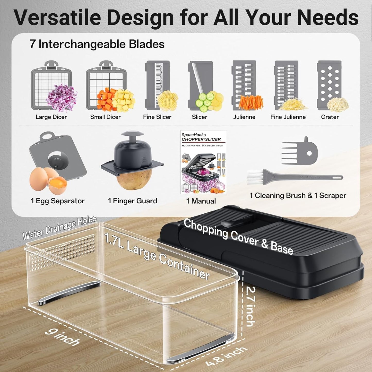 12-in-1 Vegetable Chopper with 7 Blades, Food Veggie Cutter, Mandoline Gray | Includes Egg Separator, Food Container and Finger Guard, Non-slip Base, for Chopping, Slicing, Shredding, and Mincing