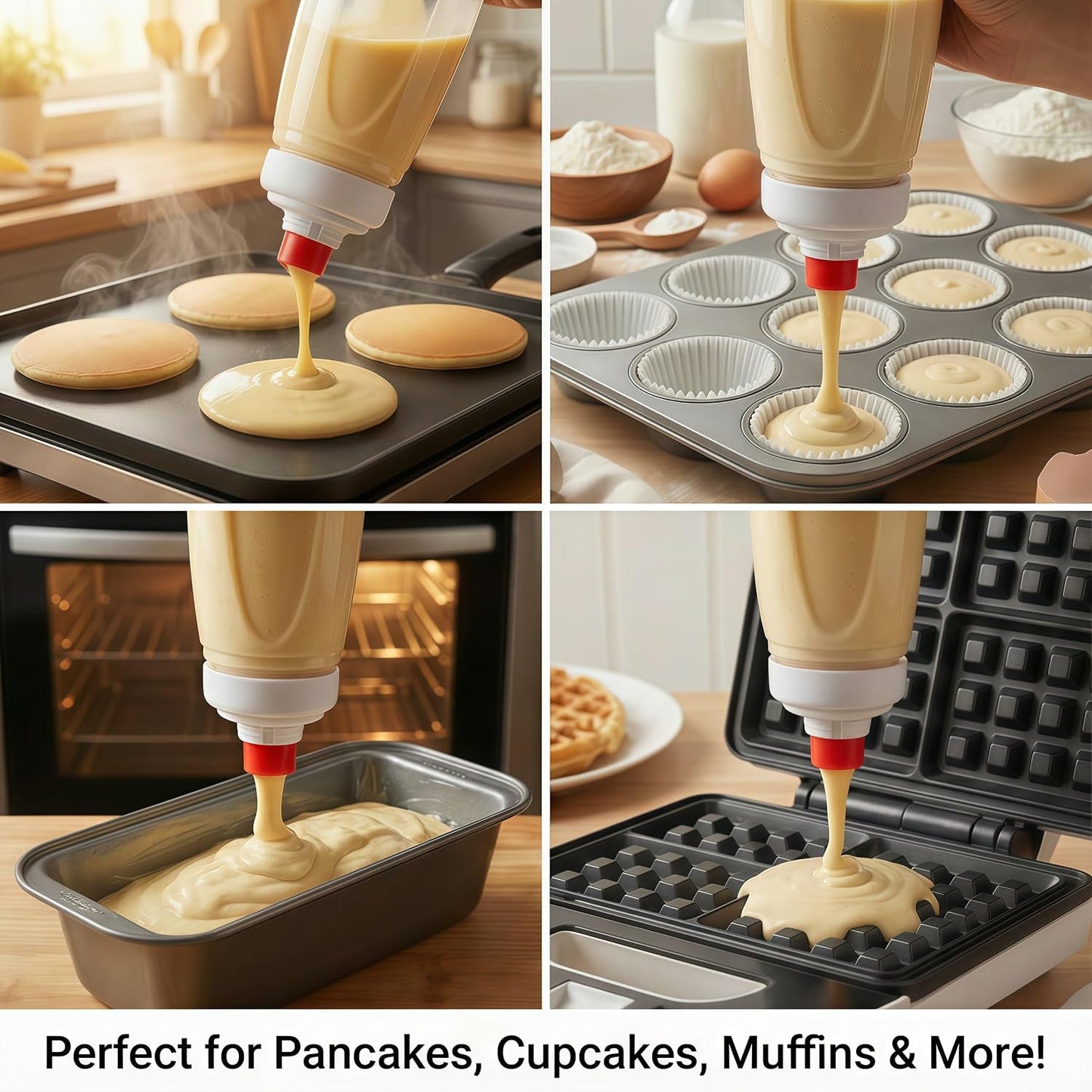 2PCS Pancake Batter Dispenser Bottle for Mixing and Pouring Perfect Batter Ideal for Pancakes Muffins Cupcakes and More Essential Mixer and Shaker Bottle for Kitchen Cooking and Baking