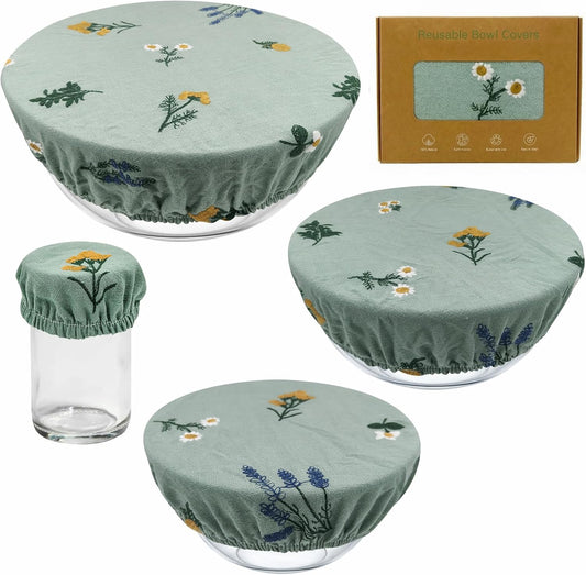 Reusable Bowl Covers (Set of 4) - Breathable Cotton Linen Sourdough Accessories - Elastic Durable Fabric Food Lids for Proofing Baskets & Bread Baking Supplies (Sage Green)