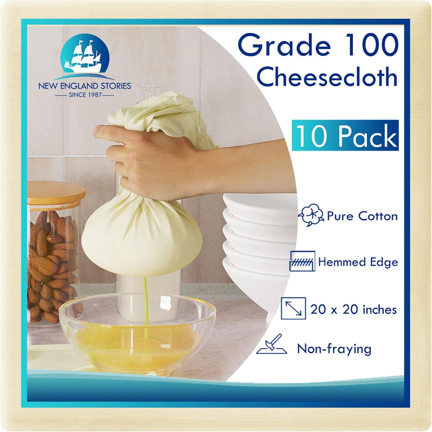 8 PCS Reusable Cheesecloth, Grade 100, 20x20 Inch Hemmed Cheese Cloth for Straining Craft, 100% Cotton Unbleached Cloth Strainer for Cooking, Baking, Juicing, Cheese Making