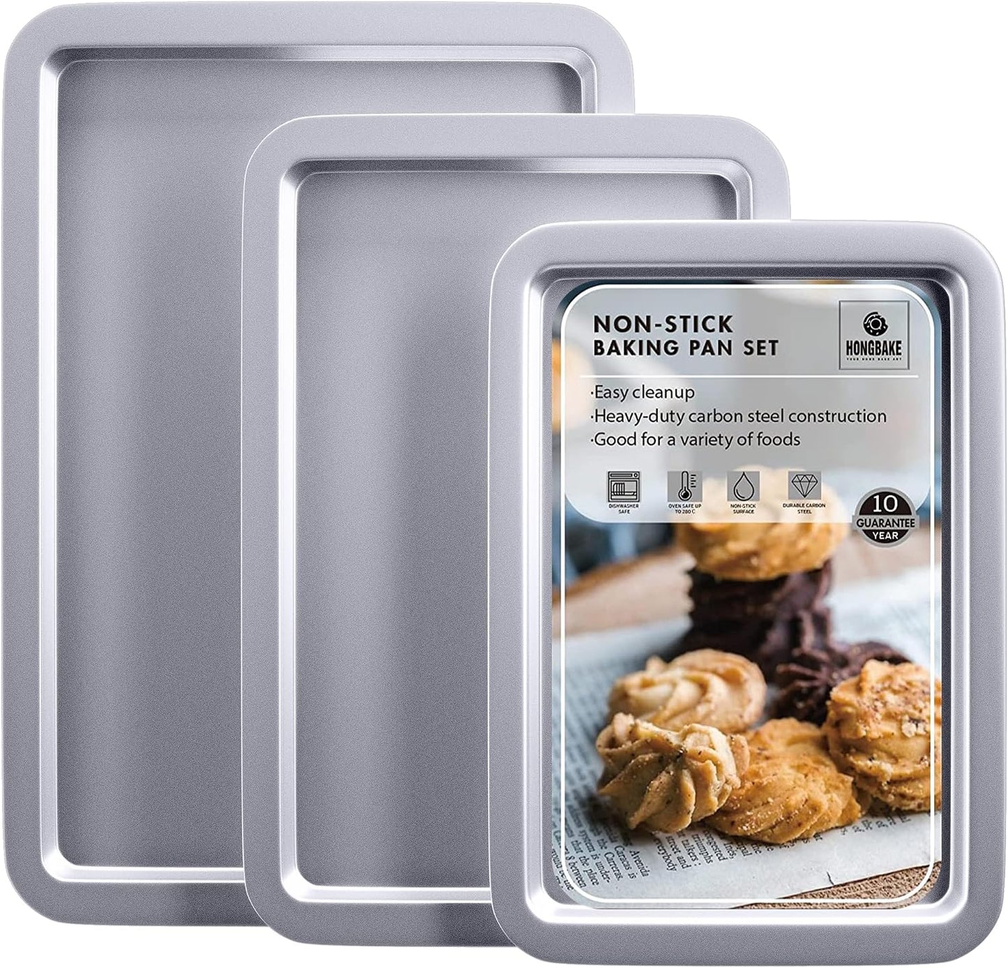 HONGBAKE Ceramic Baking Sheet Pan Set of 3, Easy to Grab, Non-Toxic | Commercial Cookie Sheets for Oven, Nonstick Half/Jelly Roll/Quarter Baking Tray,Wider Gribs, Premium,Easy to Clean- Dark Grey