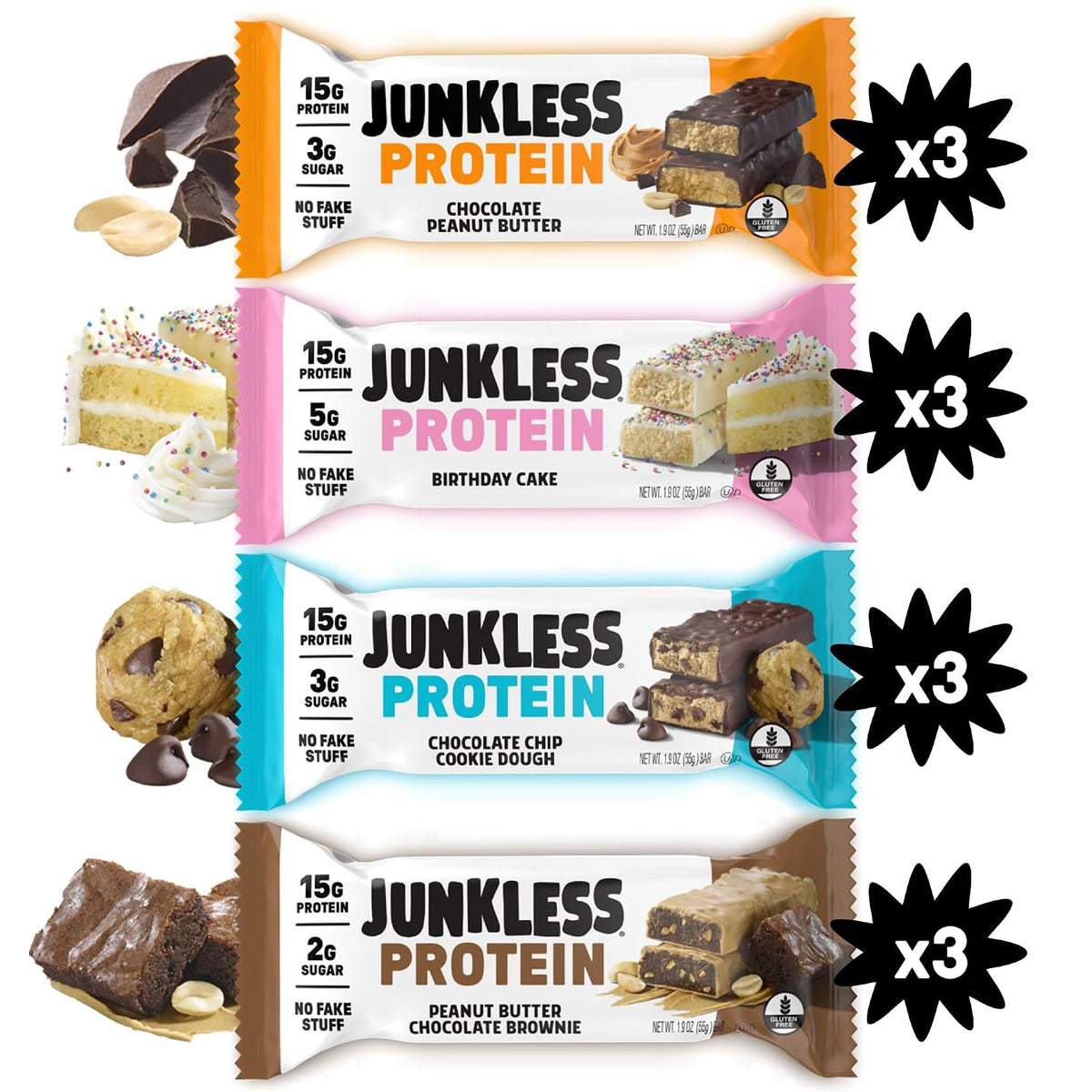 JUNKLESS Protein Bars Variety Pack with 4 Flavors and 12 Bars