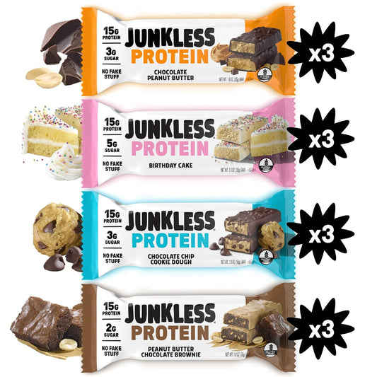 JUNKLESS Protein Bars Variety Pack with 4 Flavors and 12 Bars