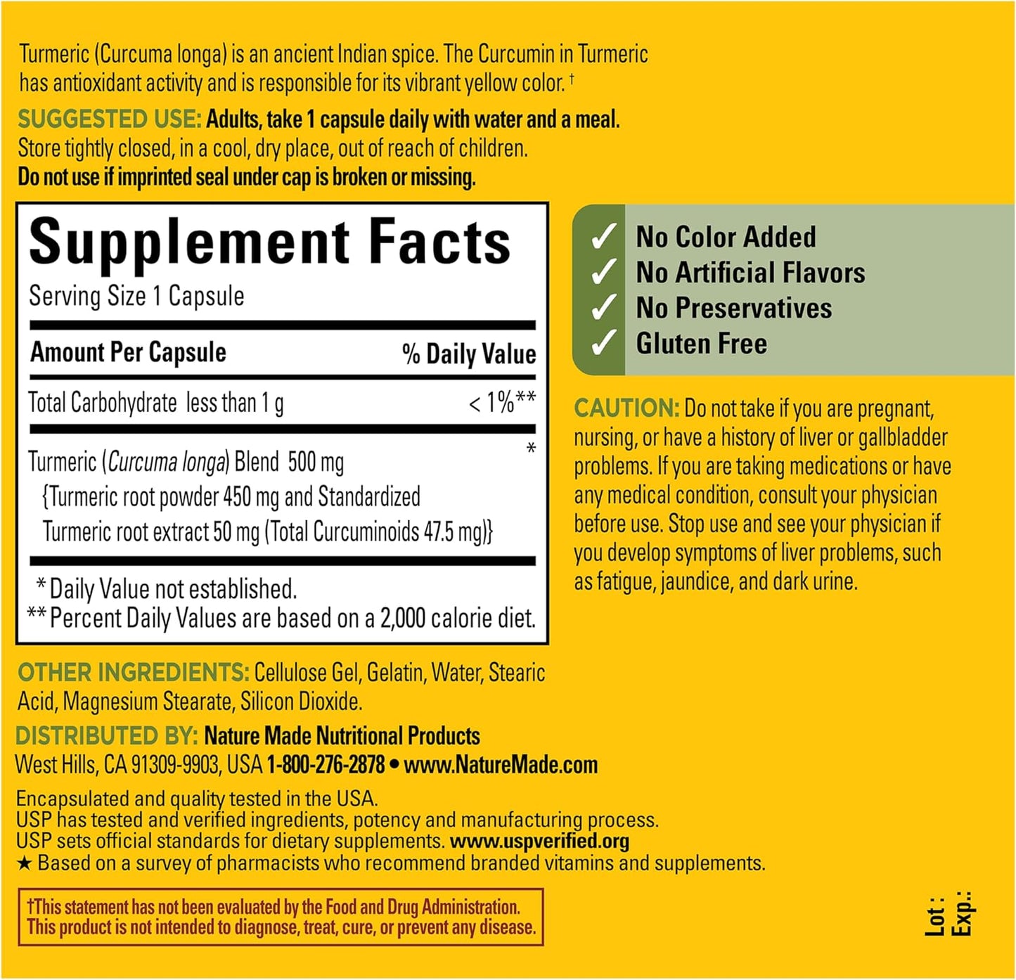 Nature Made Turmeric Curcumin 500 mg, Turmeric Curcumin Supplement for Antioxidant Support, Herbal Supplements, 120 Capsules, 120 Day Supply