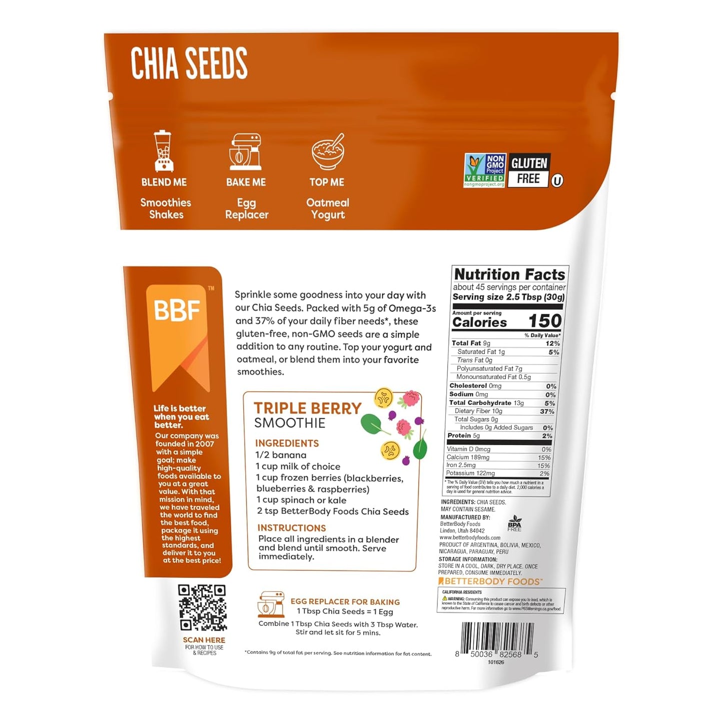 BetterBody Foods Chia Seeds 3 lbs, 48 Oz, with Omega-3, Non-GMO, Gluten Free, Keto Diet Friendly, Vegan, Good Source of Fiber, Add to Smoothies