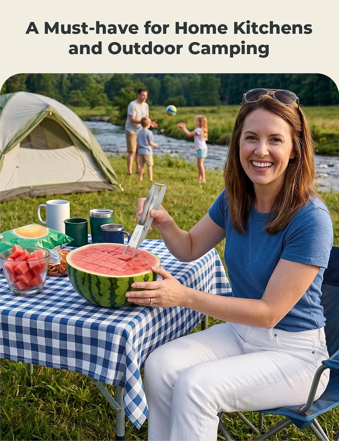 CripsTaste Watermelon Cutter Slicer Tool Stainless Steel Watermelon Fork | 2-in-1 Watermelon Fork Slicer Retractable Fork & Dual Blades for Easier Cutting, Fruit Cutter Slicer for Kitchen Gadget Party