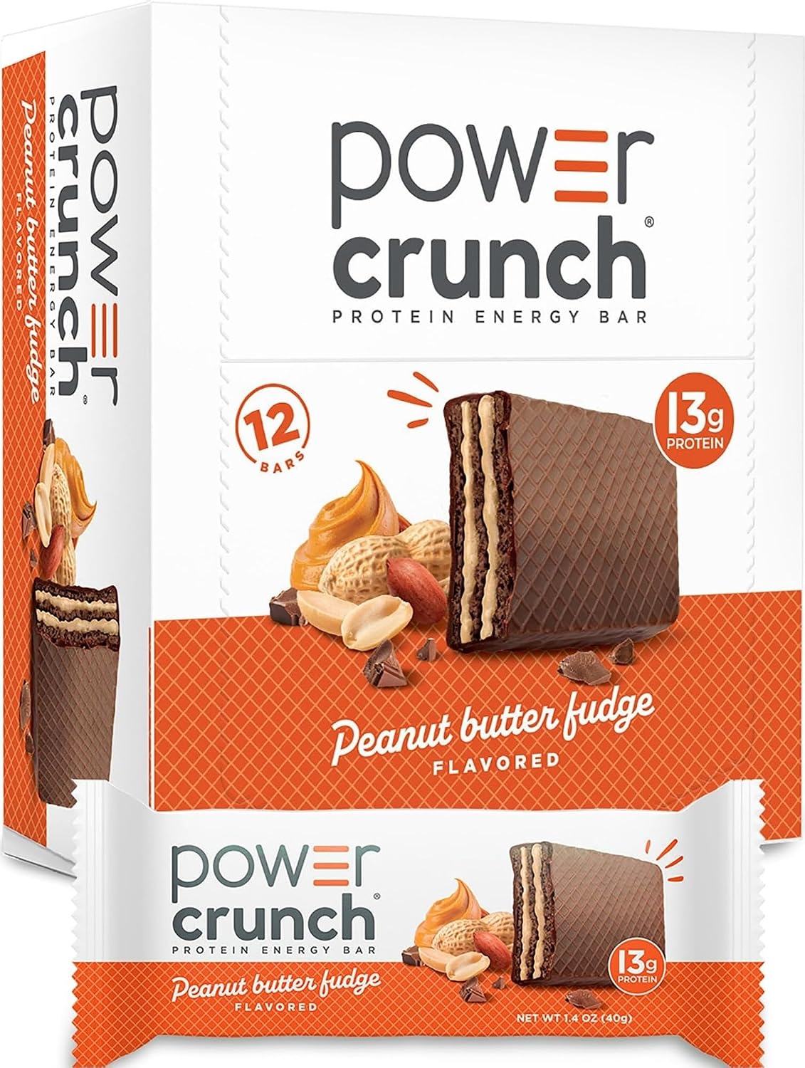 Power Crunch Protein Energy Wafer Bars, 12 Count, Peanut Butter Fudge, 1.4 Ounce