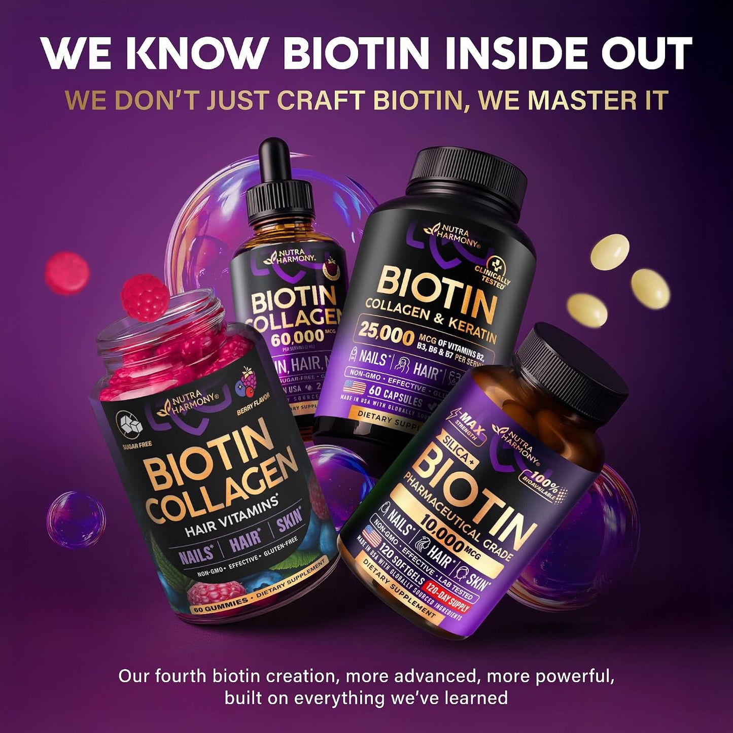 Biotin Gummies with Collagen - Hair Growth Support, Skin, & Nail Strength - for Women & Men - Biotin 10000mcg | Keratin | Hyaluronic Acid | B-Complex | Nettle - Sugar-Free, Mixed Berry, 60 Gummies