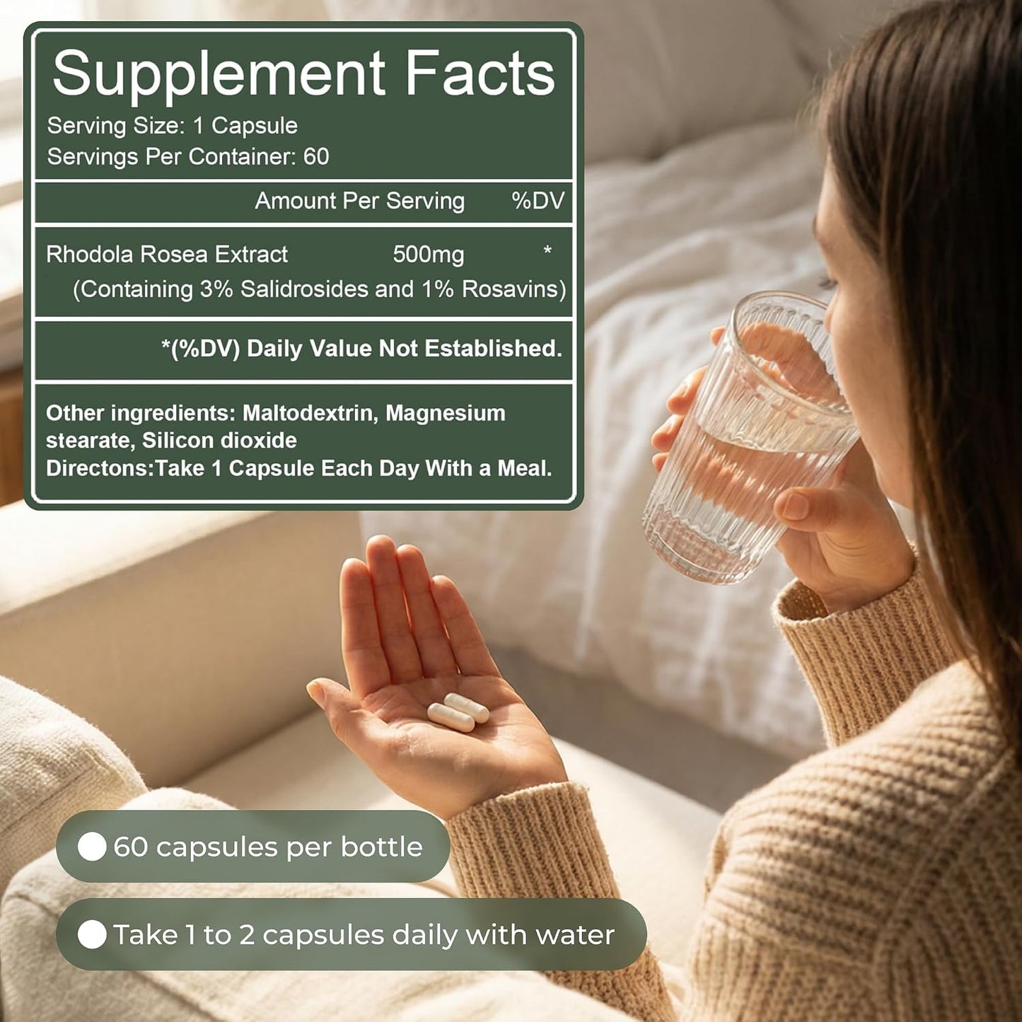 Rhodiola Rosea Supplement – Golden Root Adaptogen Capsules - Rhodiola Rosea Extract Powder Alternative with Salidroside for Stress Support - Energy, Focus & Performance