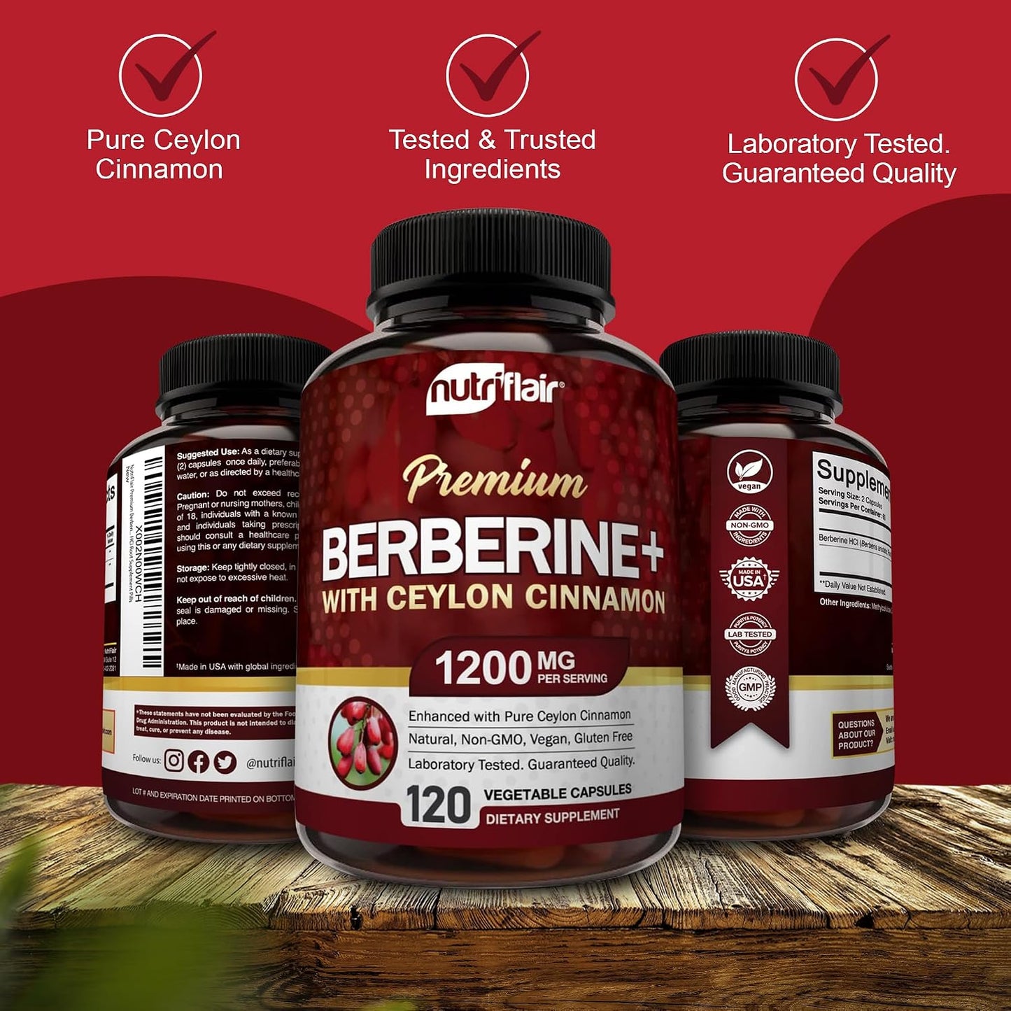 NutriFlair Premium Berberine HCL 1200mg, 120 Capsules - Plus Pure True Ceylon Cinnamon, Berberine HCI Root Supplements Pills - Immune System - Made in USA