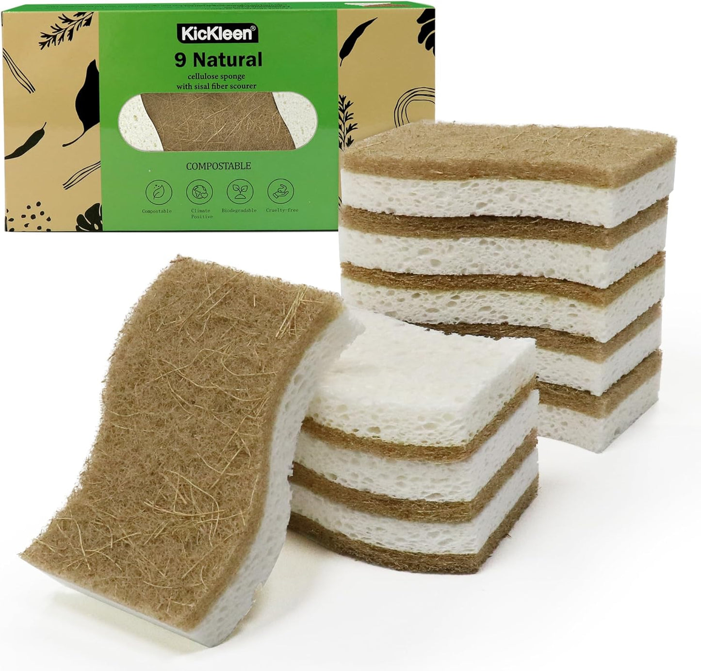 9 Pack Biodegradable Natural Kitchen Sponge Dish Sponges | Compostable Cellulose and Coconut Walnut Scrubber Sponge - Eco Friendly Sustainable Sponges for Dishes