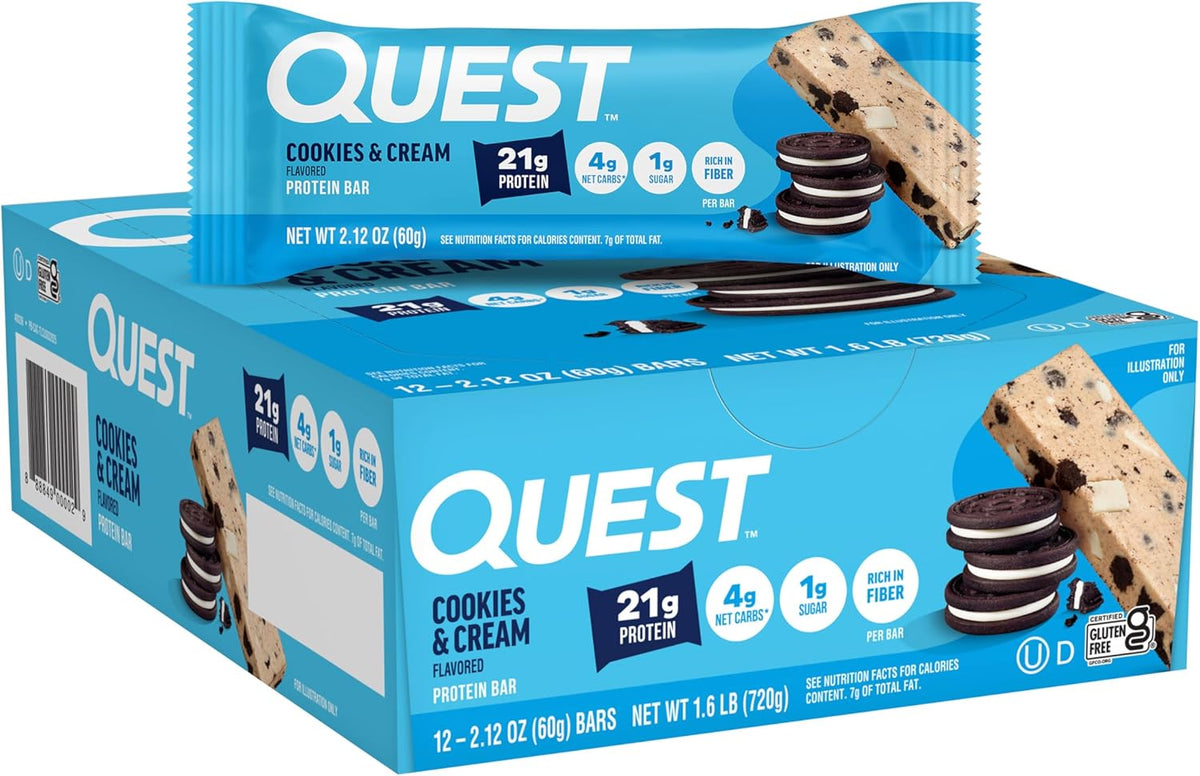 Quest Nutrition Cookies & Cream Protein Bars, 12 Count, 21g Protein, 1g Sugar, 4g Net Carb