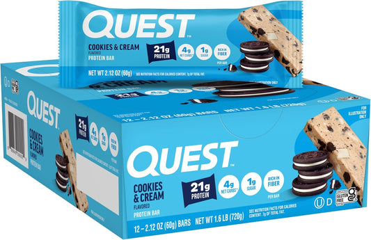 Quest Nutrition Cookies & Cream Protein Bars, 12 Count, 21g Protein, 1g Sugar, 4g Net Carb