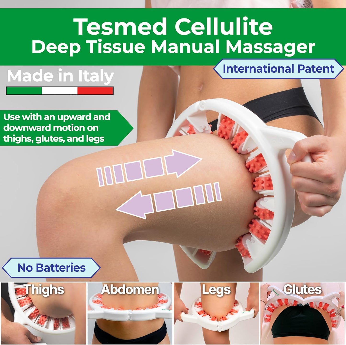 TESMED Manual Cellulite Massager Made in Italy with Converging Roller Technology