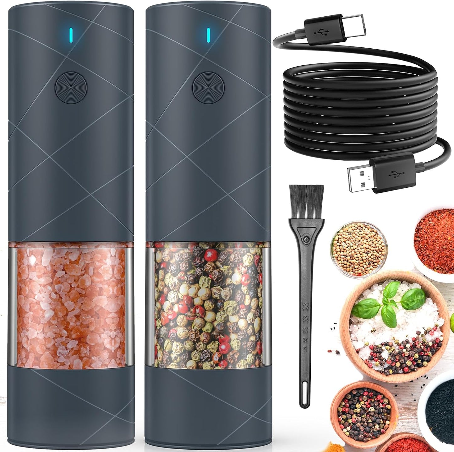 2Pack Electric Salt and Pepper Grinder Set USB Rechargeable with Warm LED Light, Adjustable Coarseness Lidaop Large Capacity Automatic Salt Pepper Mill Shakers for Kitchen, Restaurant, Outdoor, Black