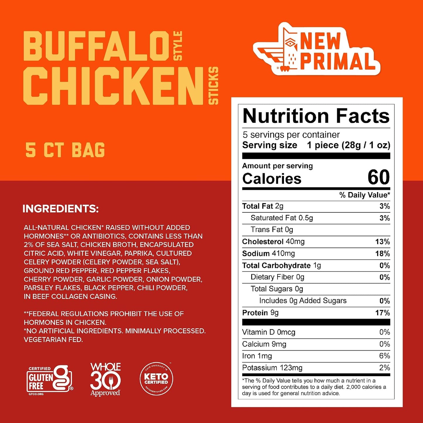 New Primal Buffalo Chicken Sticks, 5 Pack, Keto, Gluten Free, 9g Protein