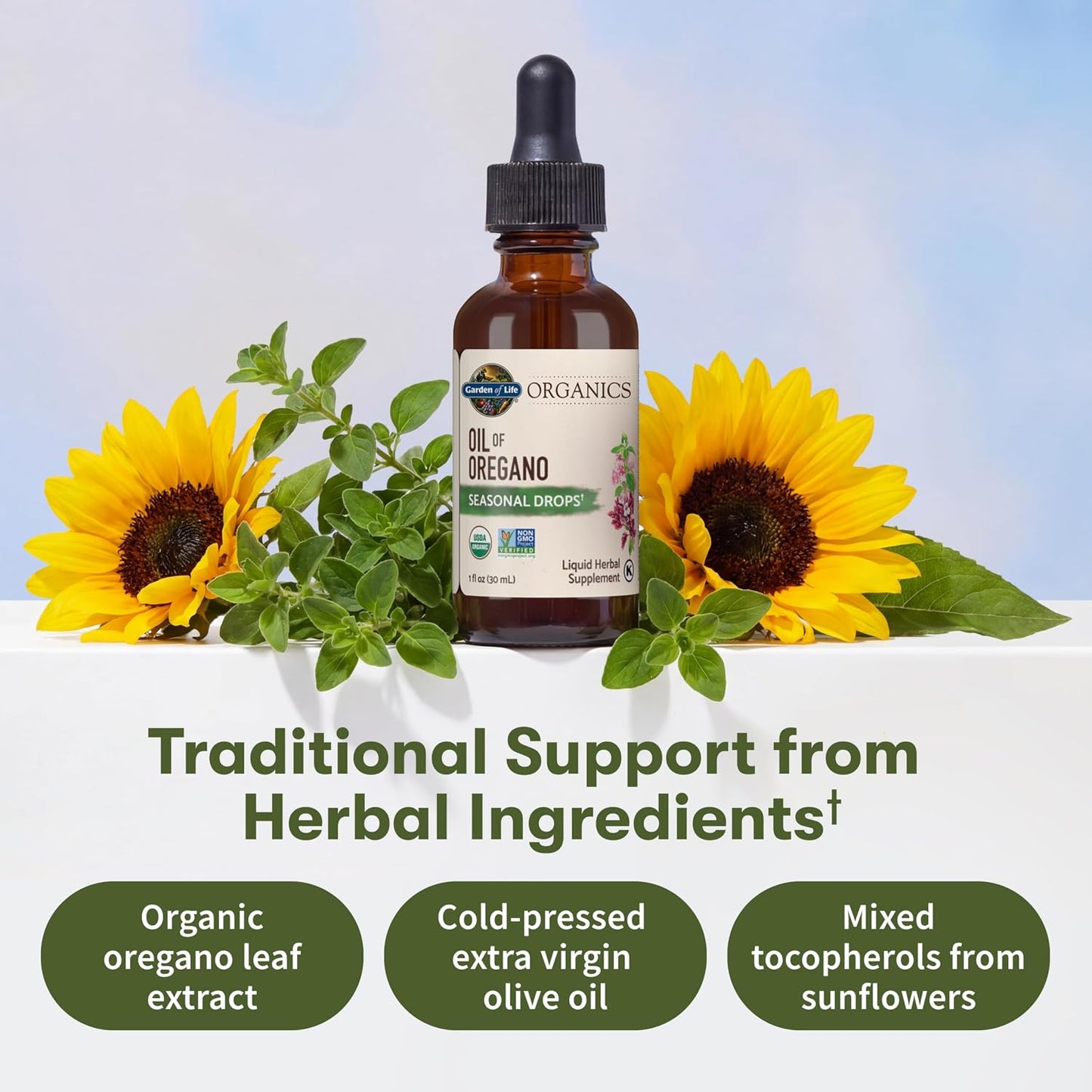 Garden of Life Organics Oil of Oregano Seasonal Drops 1fl oz (30 mL) Liquid, Concentrated Plant Based Immune Support - Alcohol-Free, Organic, Non-GMO, Vegan & Gluten Free Herbal Supplements