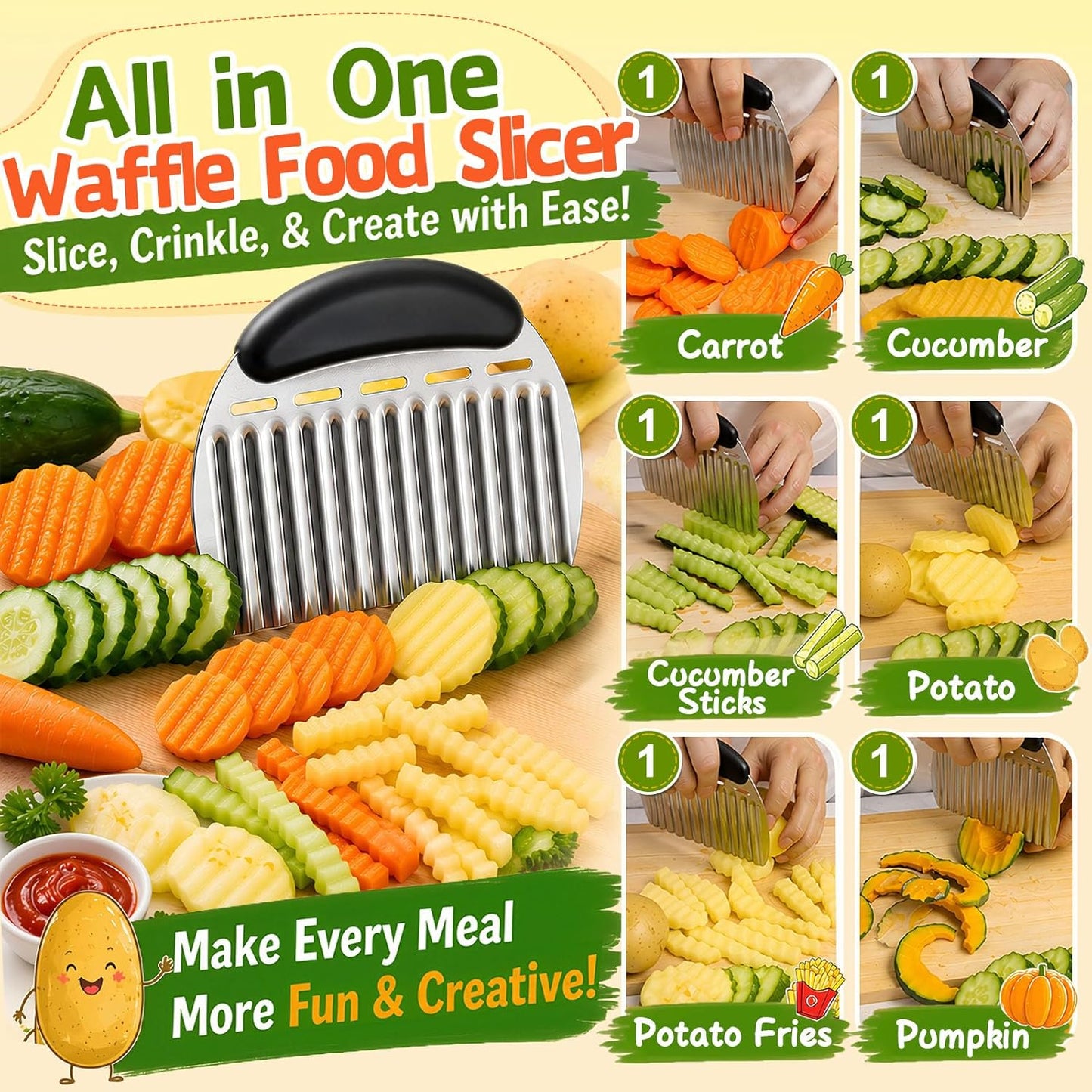 JAYVAR Large Crinkle Cutter French Fry Cutter, Stainless Steel Wavy Slicer | Large Crinkle Potato Slicer Wavy Chopper, Crinkle Cutting Chopping Tools with Handle