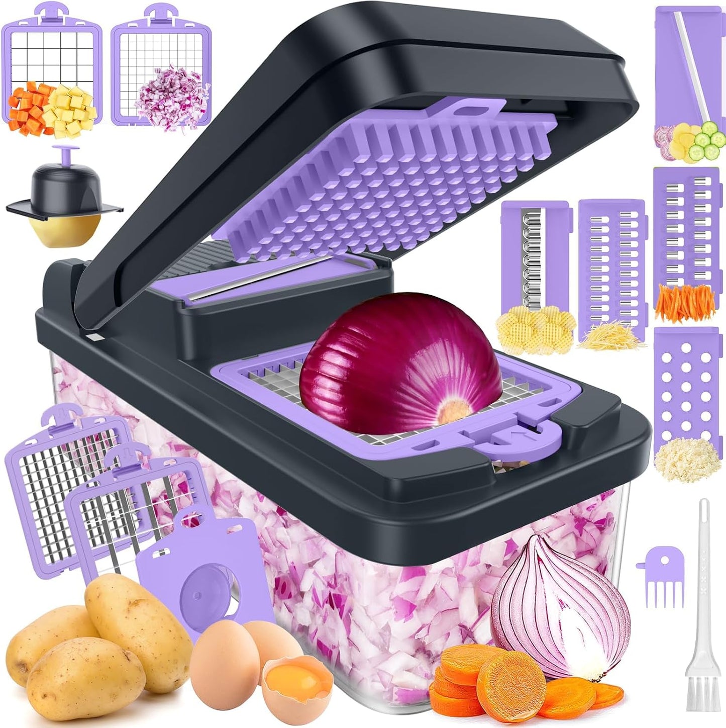 12-in-1 Vegetable Chopper with 7 Blades, Food Veggie Cutter, Mandoline Gray | Includes Egg Separator, Food Container and Finger Guard, Non-slip Base, for Chopping, Slicing, Shredding, and Mincing