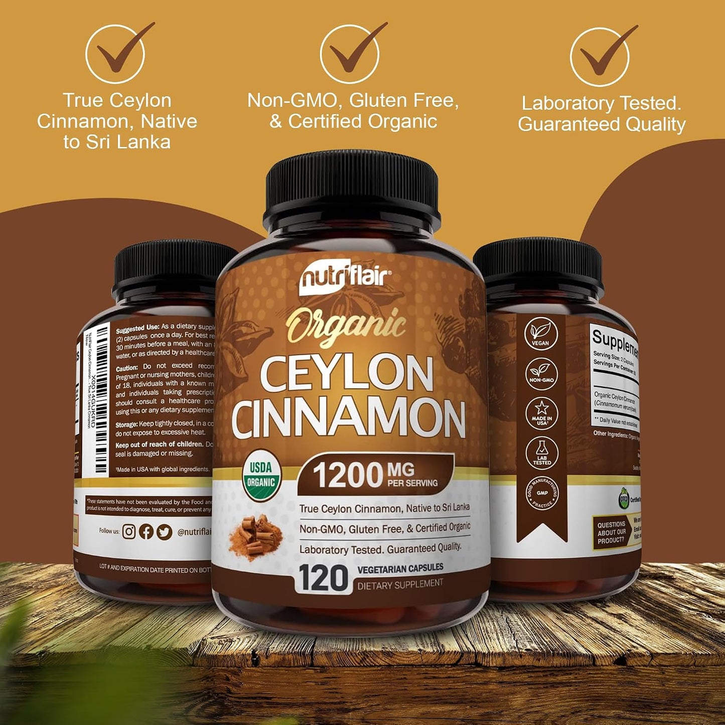 NutriFlair Organic Ceylon Cinnamon Supplement 1200mg, 120 Capsules - USDA Certified - Non-GMO, Gluten Free Powder, Antioxidant Pills