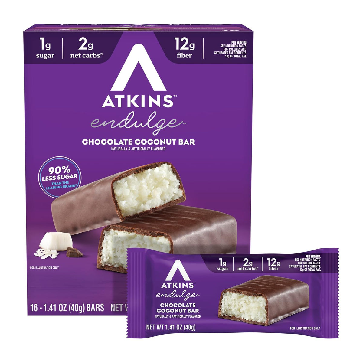 Atkins Endulge Chocolate Coconut Flavored Snack Bar, Low Sugar, High Fiber, 16 Count