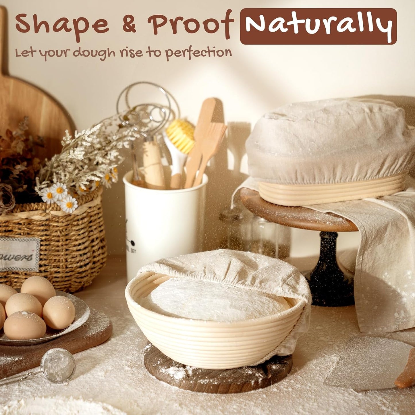 Astercook Sourdough Starter Kit with Round & Oval Banneton Bread Proofing Basket, Starter Jar, Dough Whisk, Scrapers, Stencils, Complete Sourdough Bread Baking Supplies, Fathers Day Gift for Men