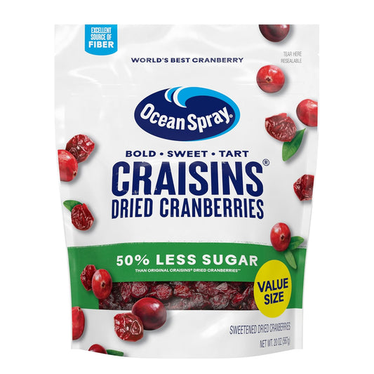 Ocean Spray Craisins 50% Less Sugar Dried Cranberries, 20 Oz Resealable Value Pack Pouch
